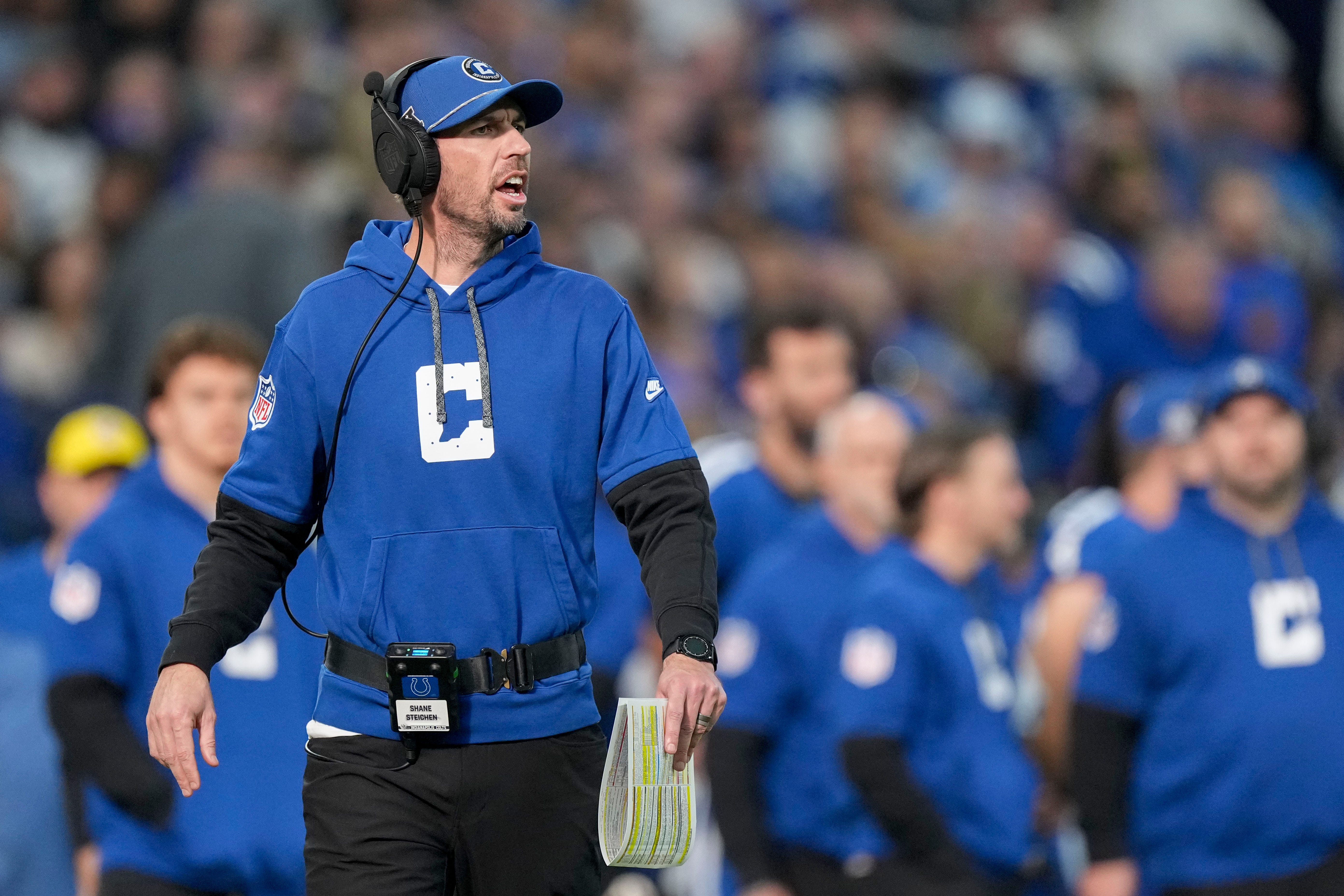 Indianapolis Colts head coach Shane Steichen yells from the sideline Sunday, Nov. 24, 2024, during a game against the Detroit Lions at Lucas Oil Stadium in Indianapolis.