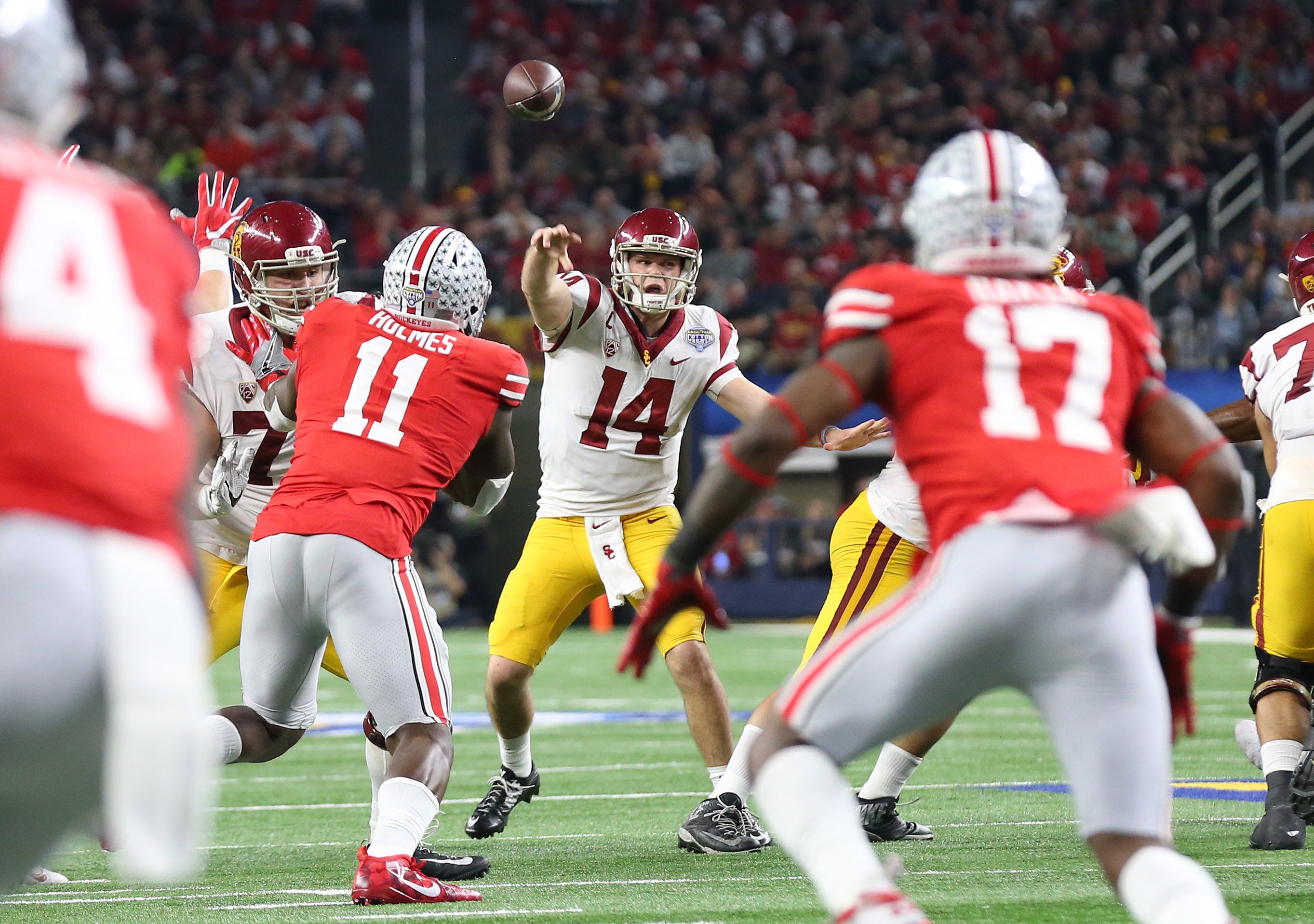 Southern California Trojans quarterback Sam Darnold (14) throws in the pocket during against the Ohio State Buckeyes in the 2017 Cotton Bowl at AT&T Stadium. 