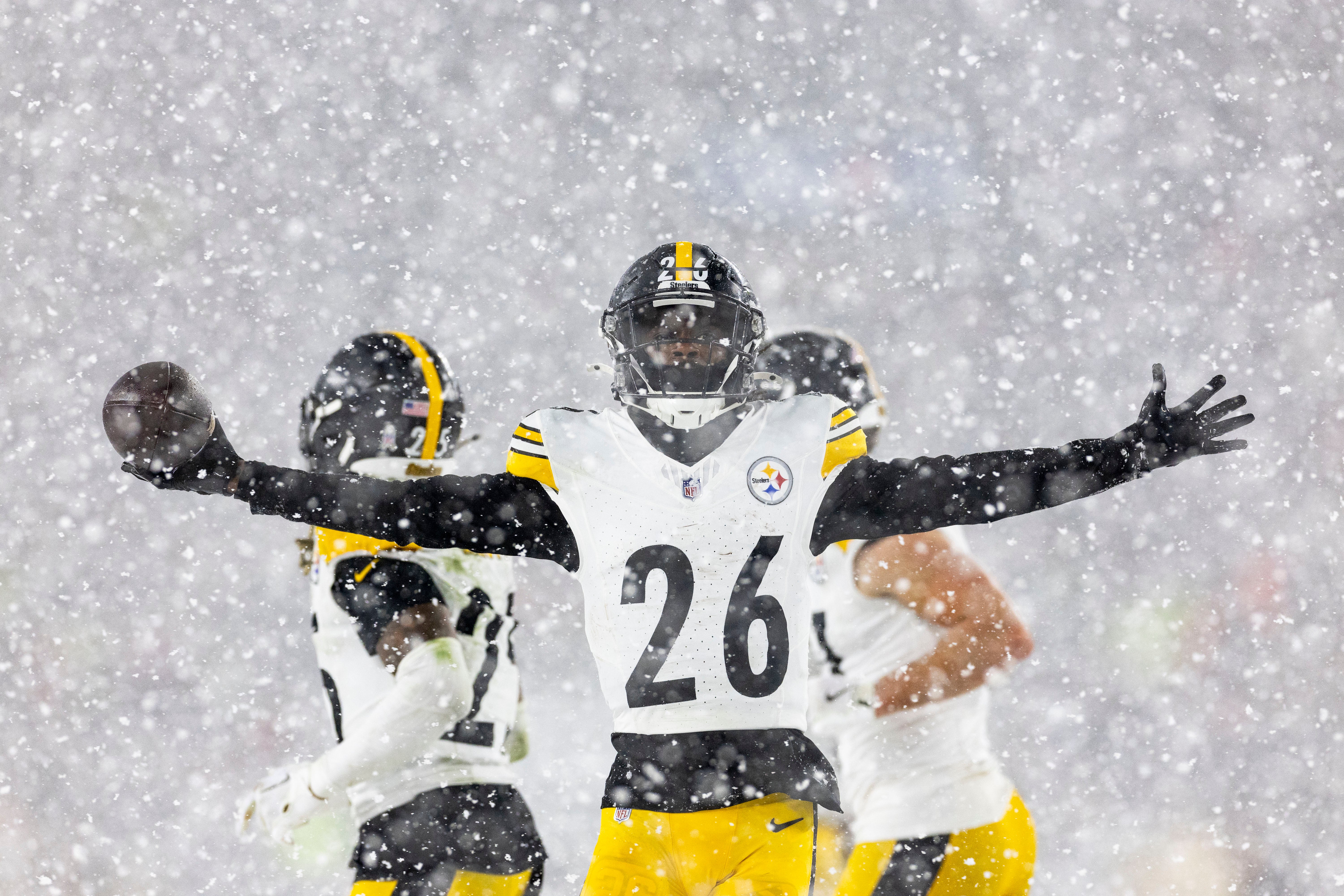 Nov 21, 2024; Cleveland, Ohio, USA; Pittsburgh Steelers cornerback Donte Jackson (26) celebrates following an interception against the Cleveland Browns during the fourth quarter at Huntington Bank Field Stadium.