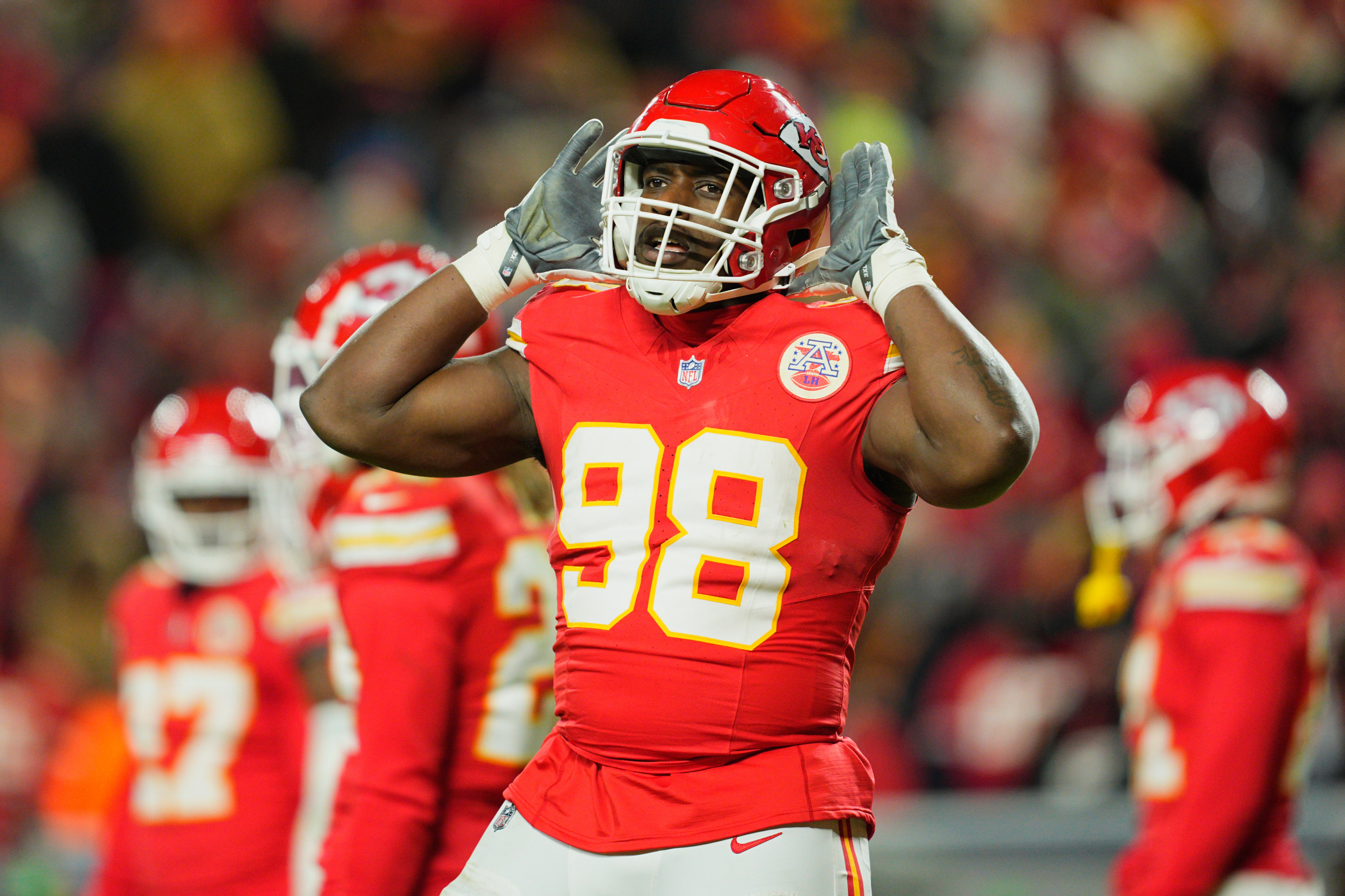 Jan 18, 2025; Kansas City, Missouri, USA; Kansas City Chiefs defensive tackle Tershawn Wharton (98) reacts during the fourth quarter of a 2025 AFC divisional round game against the Houston Texans at GEHA Field at Arrowhead Stadium.