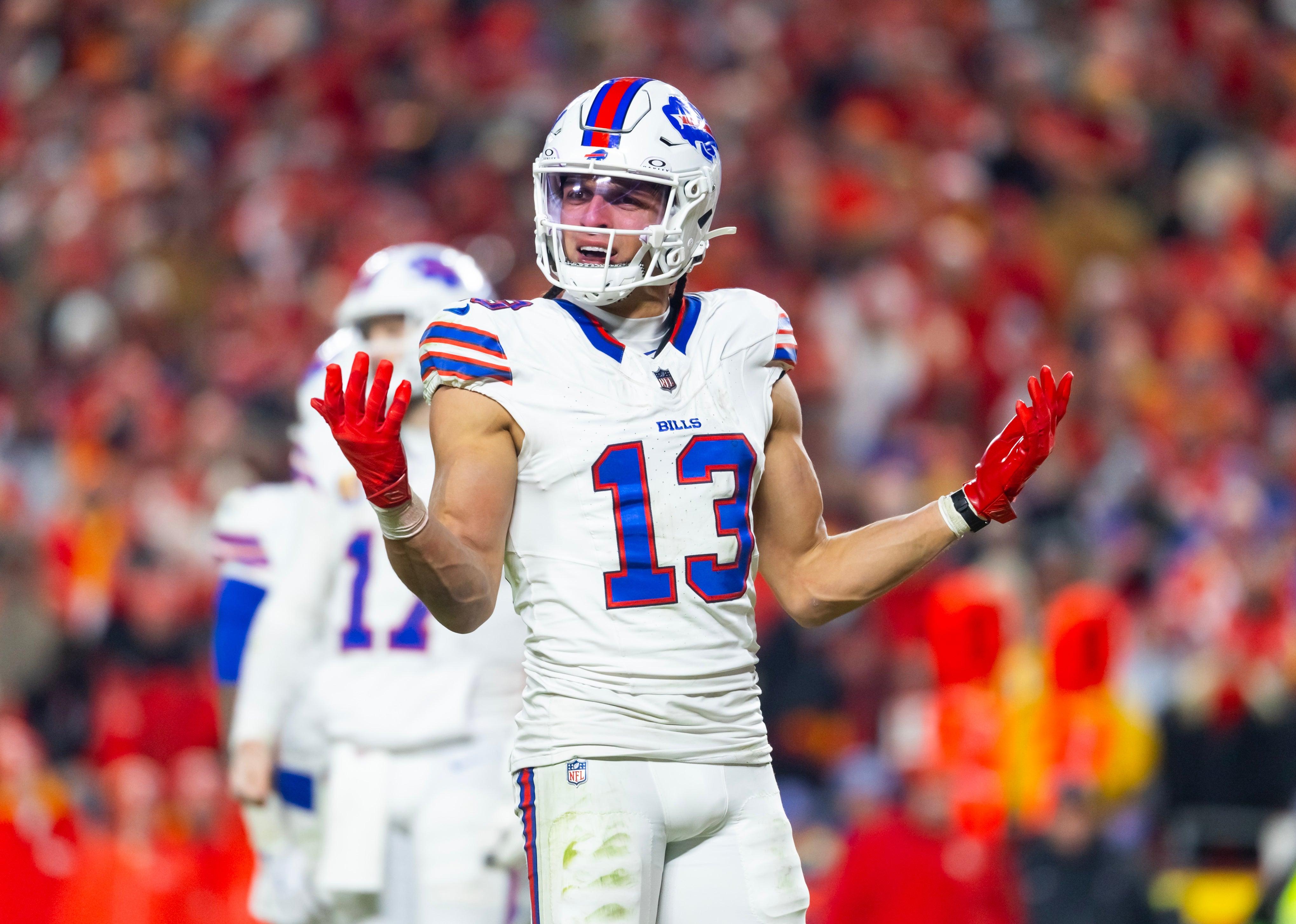 Jan 26, 2025; Kansas City, MO, USA; Buffalo Bills wide receiver Mack Hollins (13) against the Kansas City Chiefs during the AFC Championship game at GEHA Field at Arrowhead Stadium.