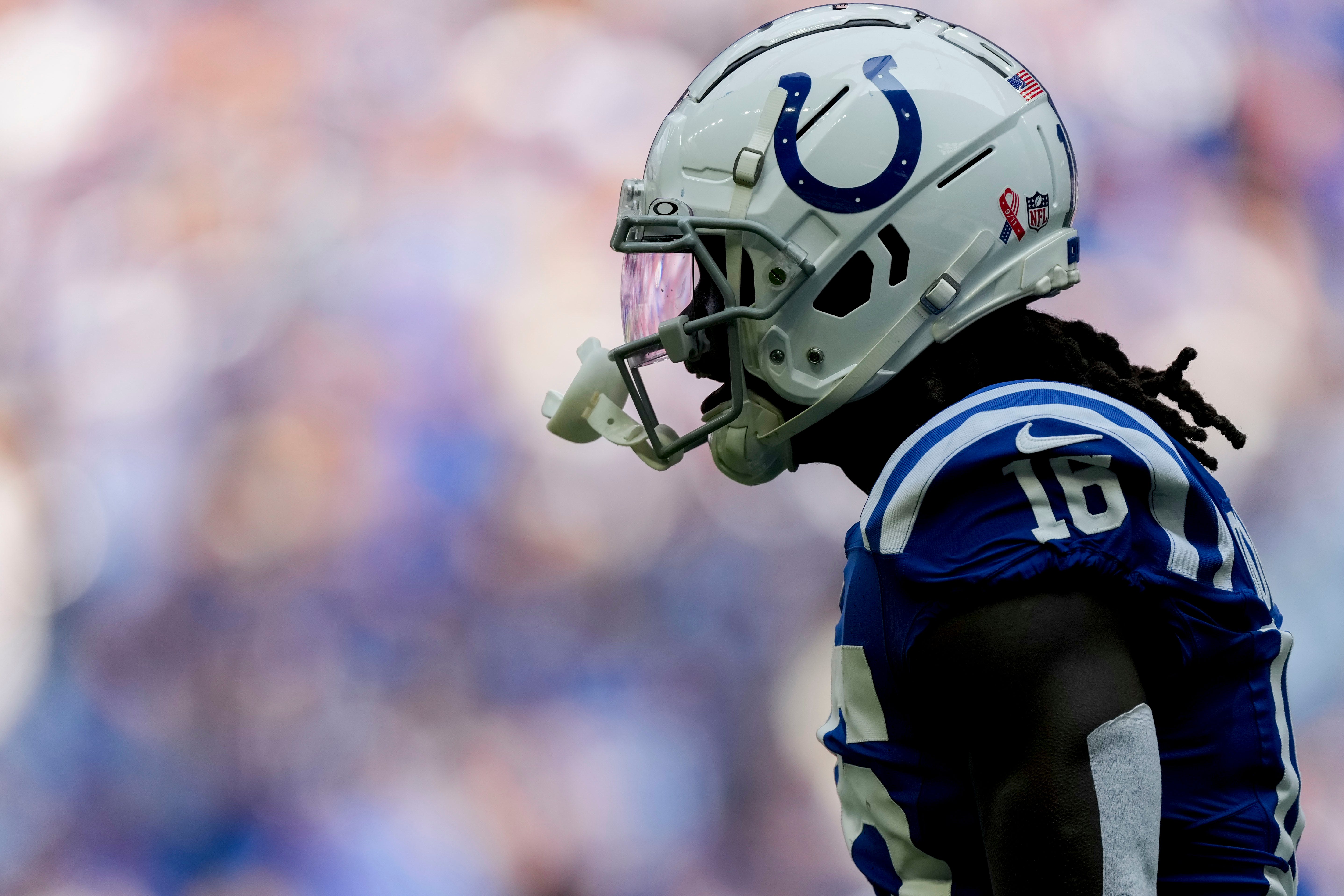 Indianapolis Colts wide receiver Ashton Dulin (16) celebrates a touchdown Sunday, Sept. 8, 2024, during a game against the Houston Texans at Lucas Oil Stadium in Indianapolis.
