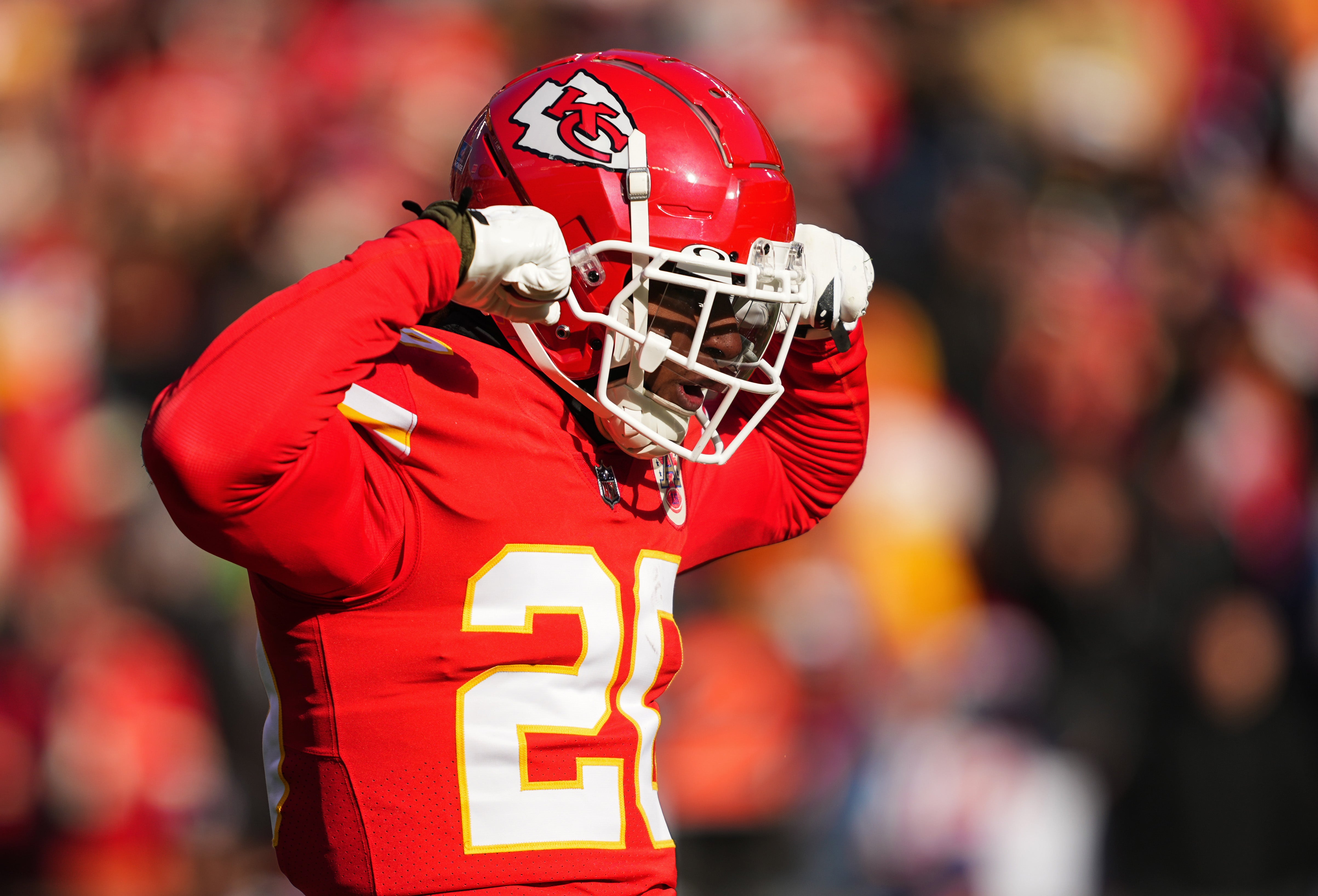 Dec 24, 2022; Kansas City, Missouri, USA; Kansas City Chiefs safety Justin Reid (20) celebrates after making a stop during the first half against the Seattle Seahawks at GEHA Field at Arrowhead Stadium.