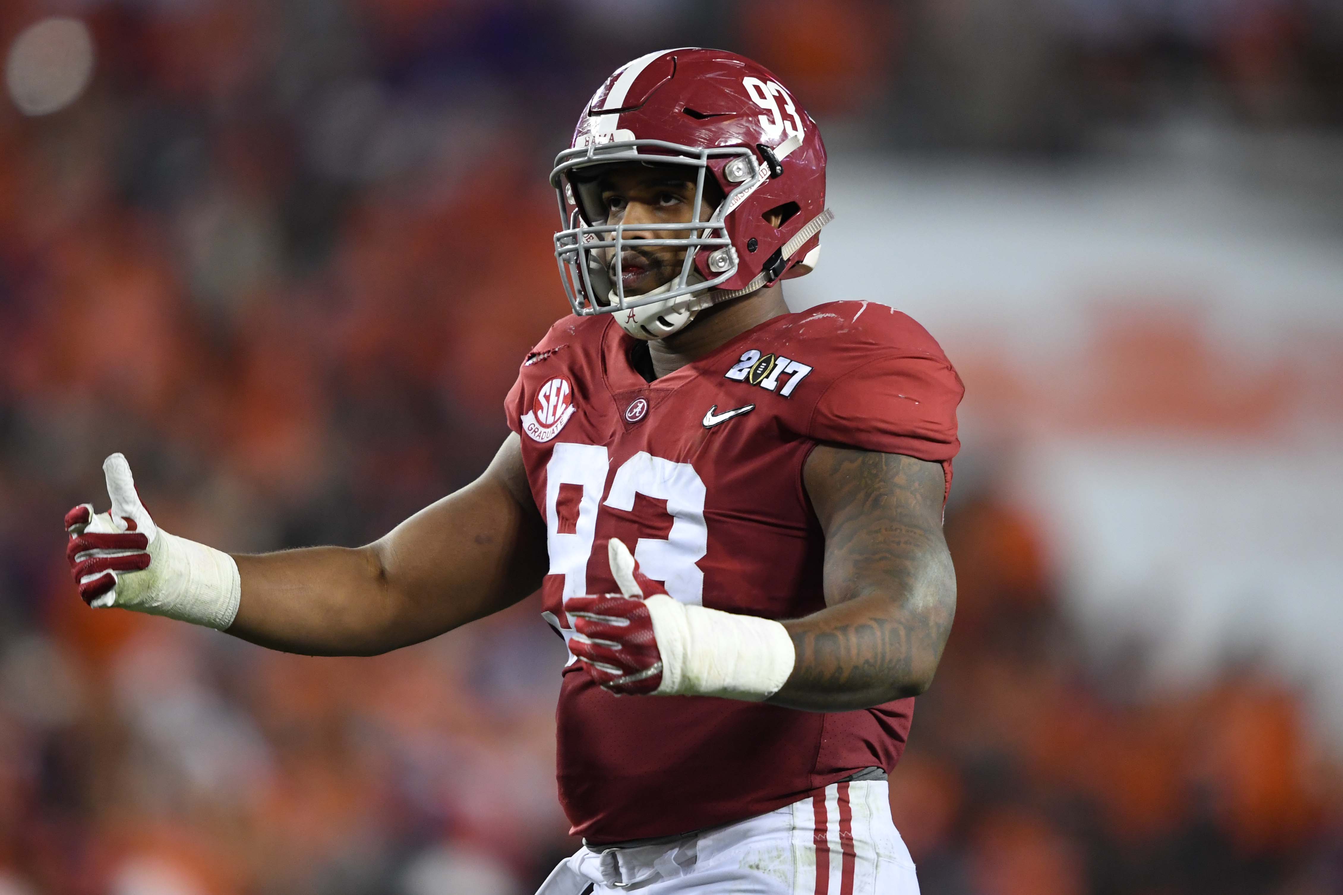 Alabama Crimson Tide defensive lineman Jonathan Allen (93) reacts during the second quarter against the Clemson Tigers in the 2017 College Football Playoff National Championship Game at Raymond James Stadium.