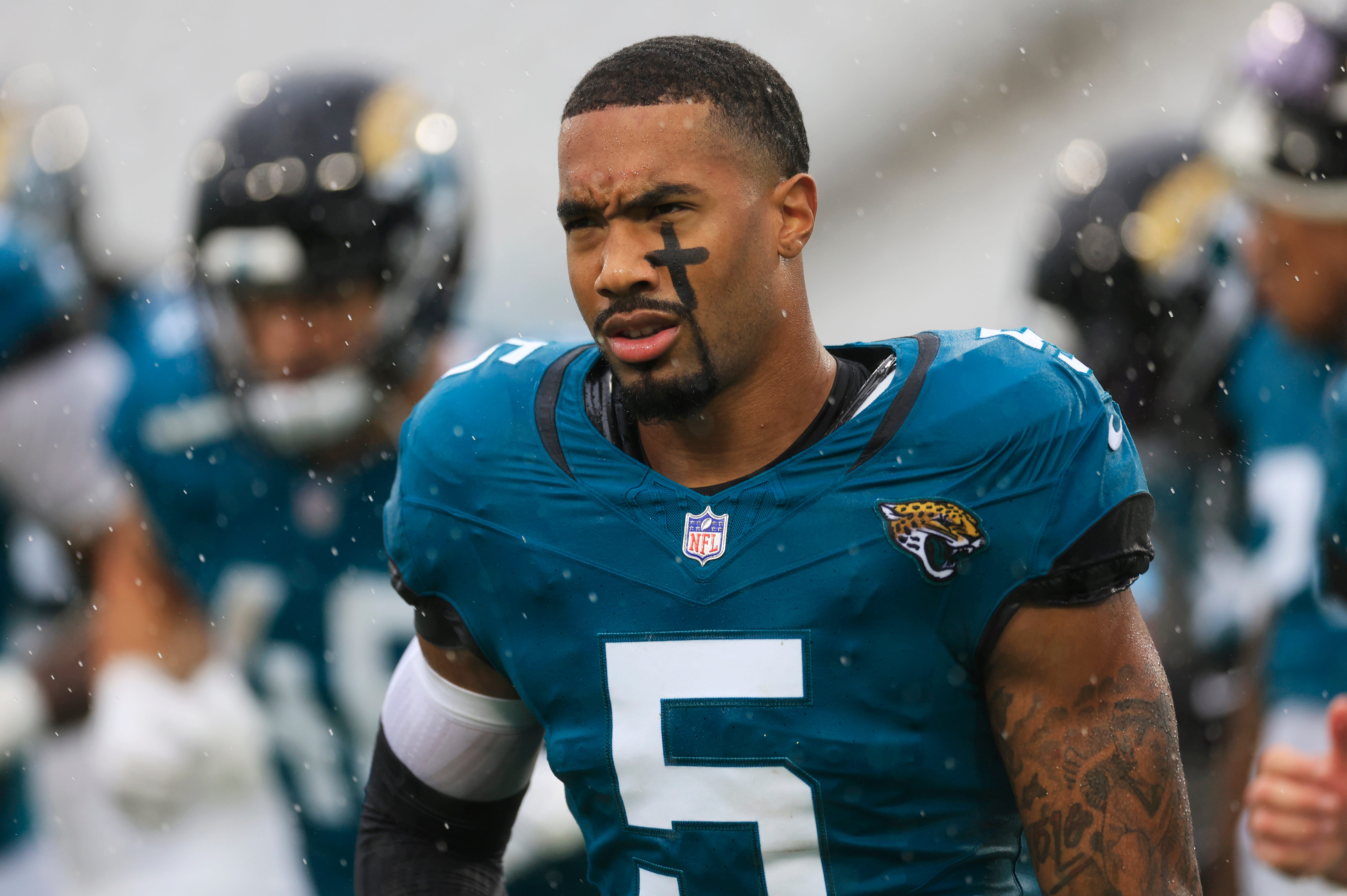 Jacksonville Jaguars safety Andre Cisco (5) runs off the field before an NFL football matchup Sunday, Dec. 29, 2024 at EverBank Stadium in Jacksonville, Fla. The Jaguars held off the Titans 20-13.