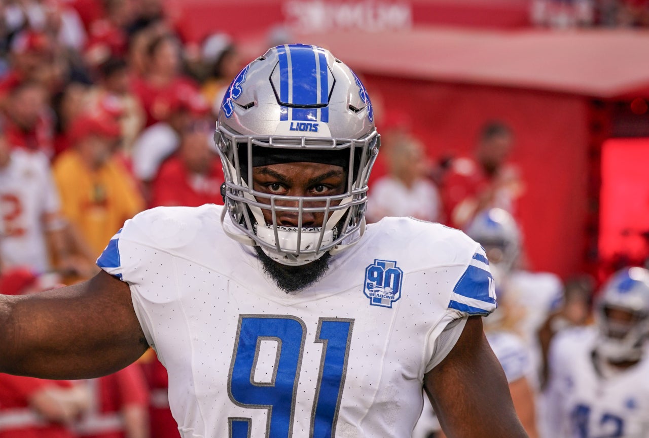 Sep 7, 2023; Kansas City, Missouri, USA; Detroit Lions defensive end Levi Onwuzurike (91) runs onto the field against the Kansas City Chiefs prior to a game at GEHA Field at Arrowhead Stadium.
