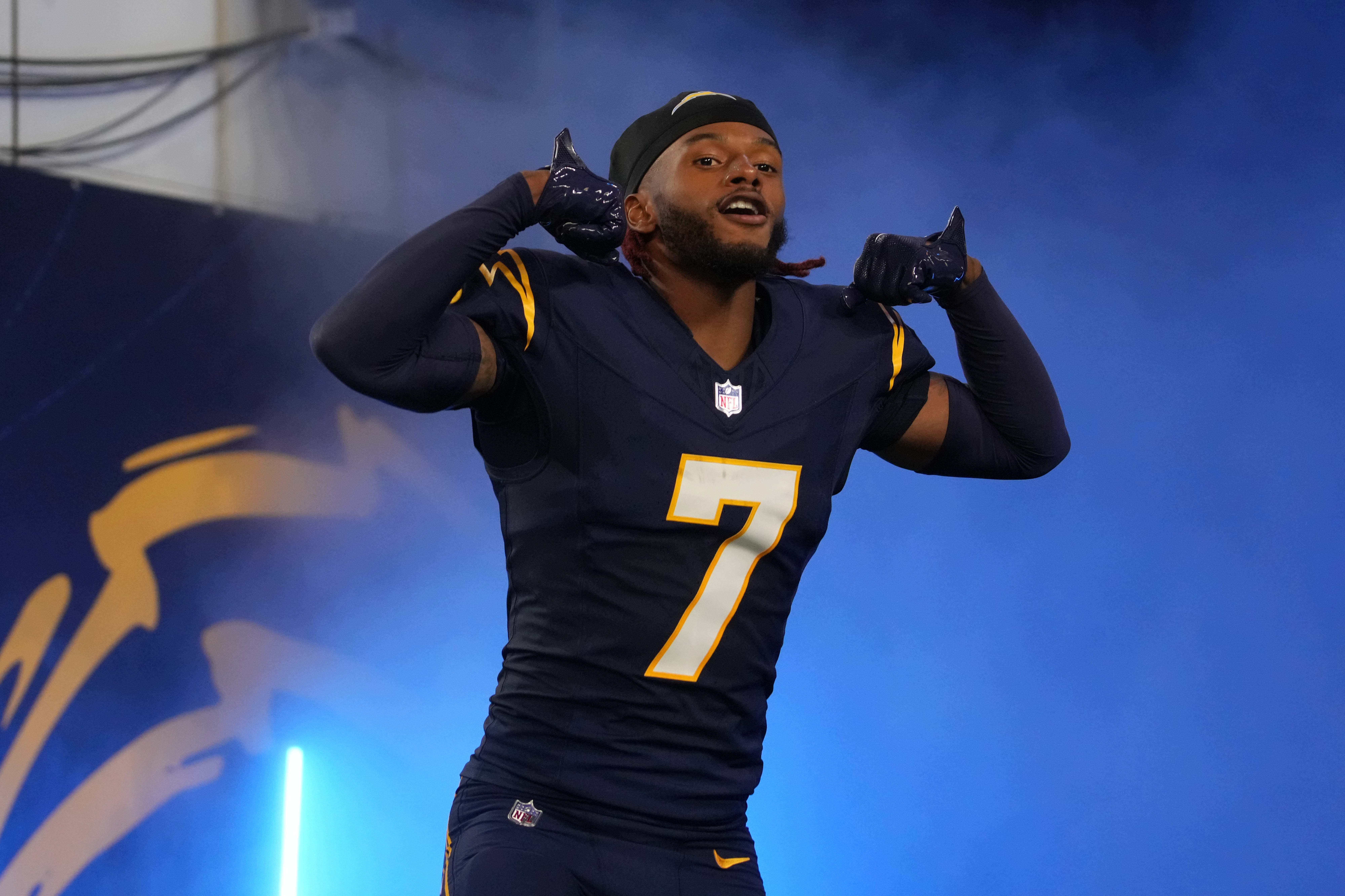 Nov 25, 2024; Inglewood, California, USA; Los Angeles Chargers cornerback Kristian Fulton (7) enters the field before the game against the Baltimore Ravens at SoFi Stadium.