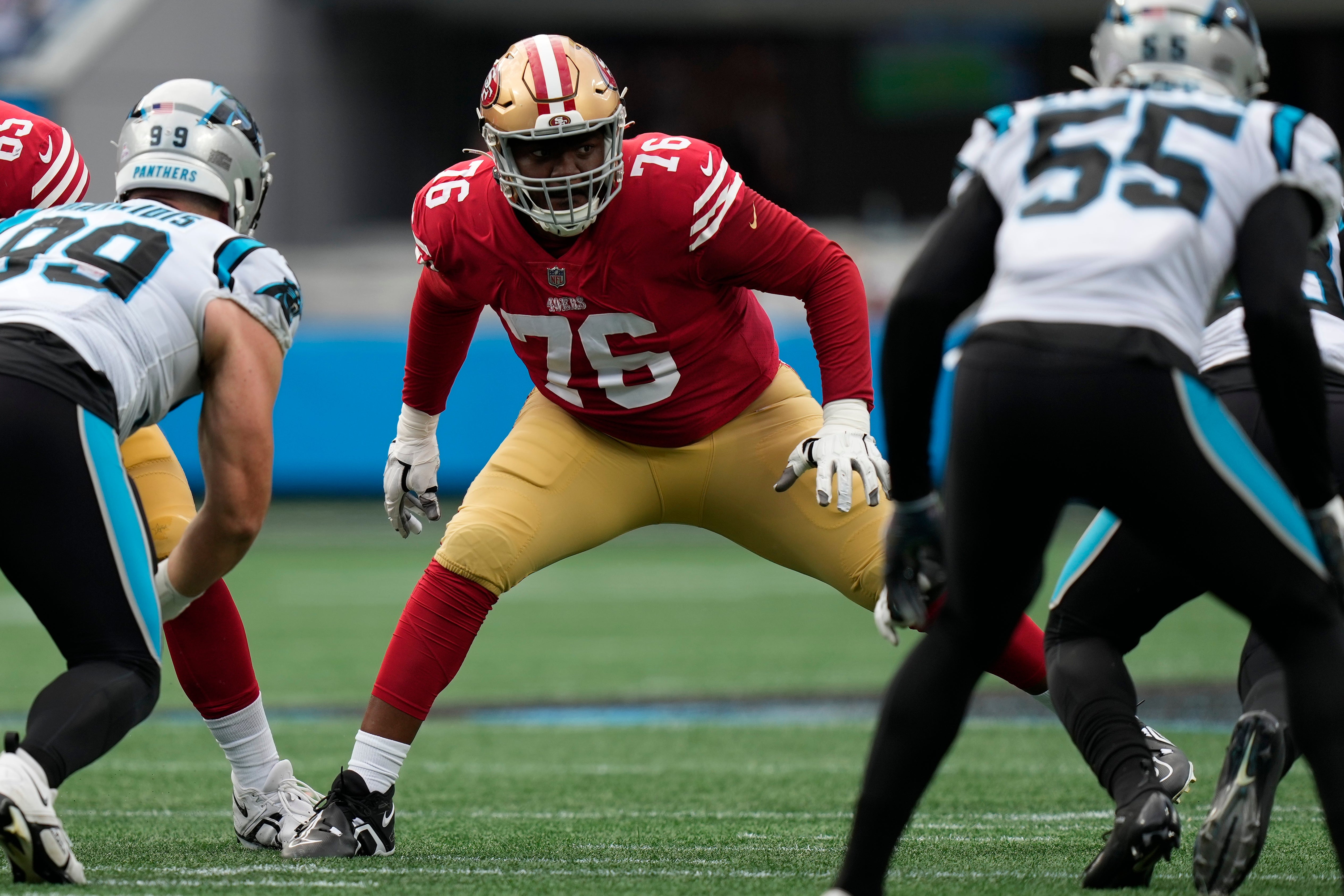 Oct 9, 2022; Charlotte, North Carolina, USA; San Francisco 49ers guard Jaylon Moore (76) during the second quarter against the Carolina Panthers at Bank of America Stadium.