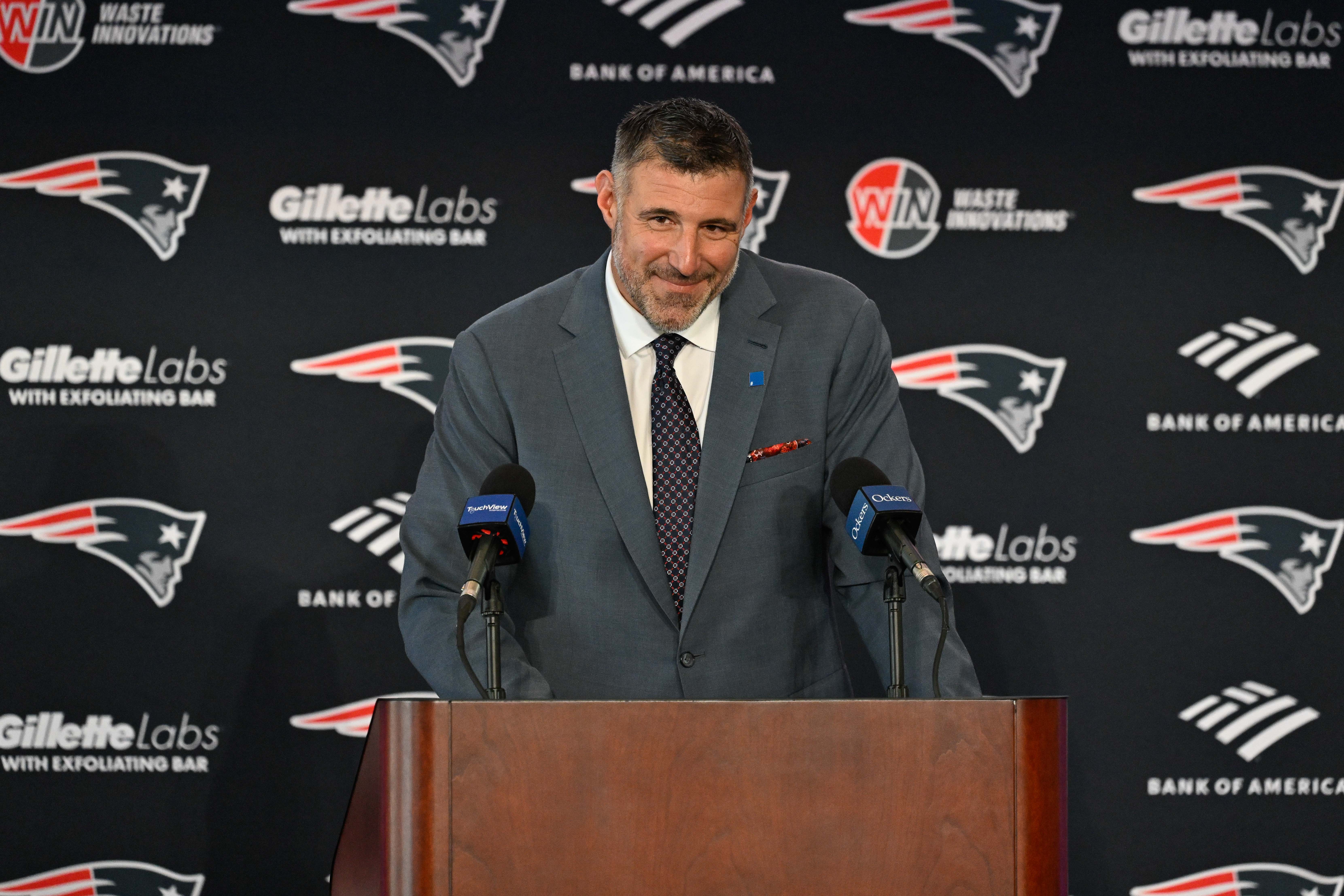 Jan 13, 2025; Foxborough, MA, USA; Mike Vrabel addresses media at a press conference to announce his hiring as the New England Patriots head coach at Gillette Stadium