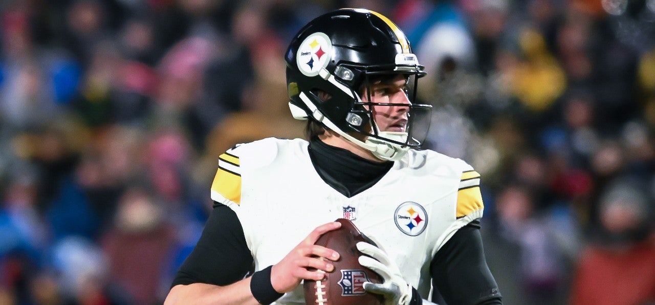 Jan 15, 2024; Orchard Park, New York, USA; Pittsburgh Steelers quarterback Mason Rudolph (2) in the second quarter of a 2024 AFC wild card game against the Buffalo Bills at Highmark Stadium.