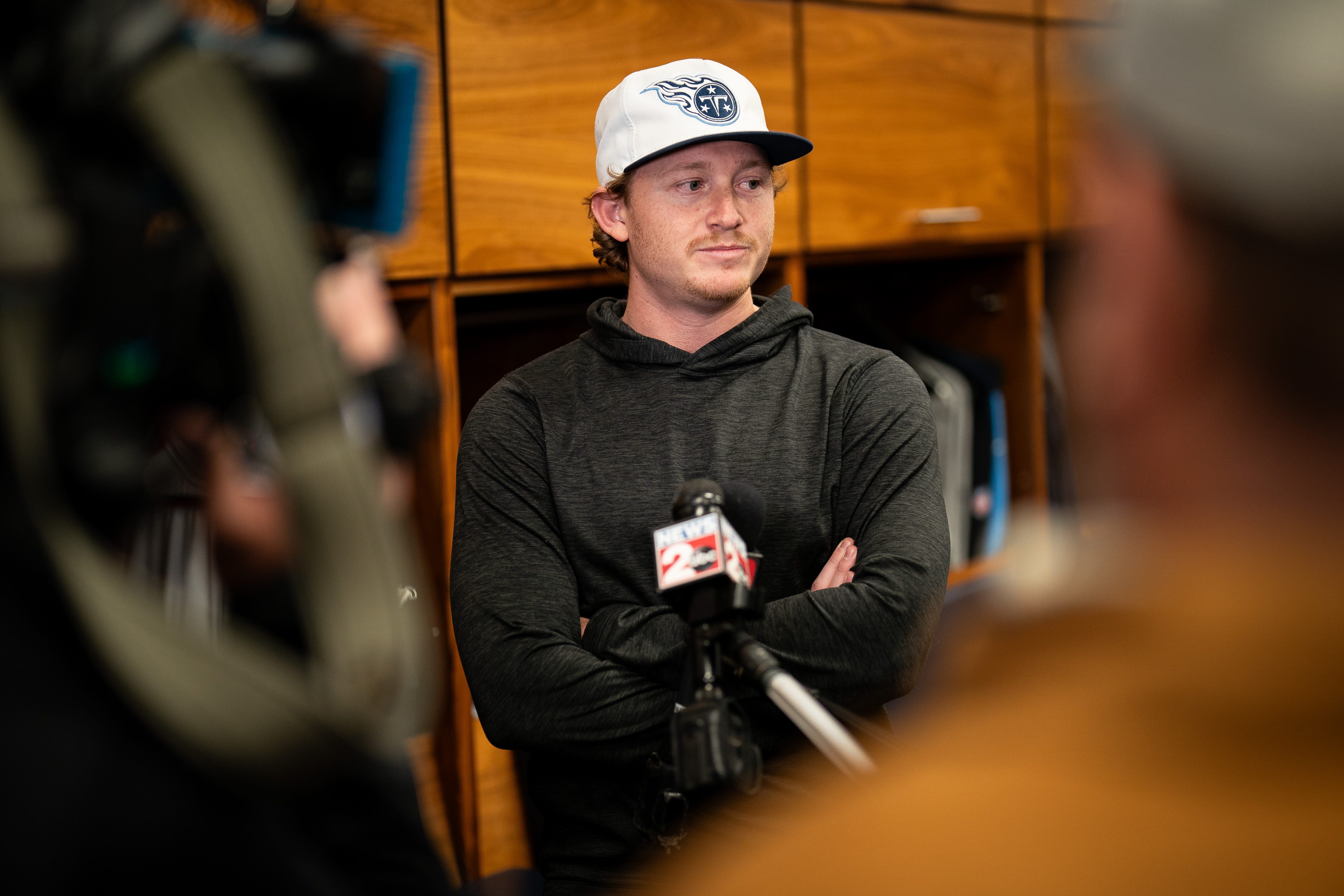 Tennessee Titans punter Ryan Stonehouse gives an interview as the team cleans out their locker room at Ascension Saint Thomas Sports Park in Nashville, Tenn., Monday, Jan. 6, 2025.