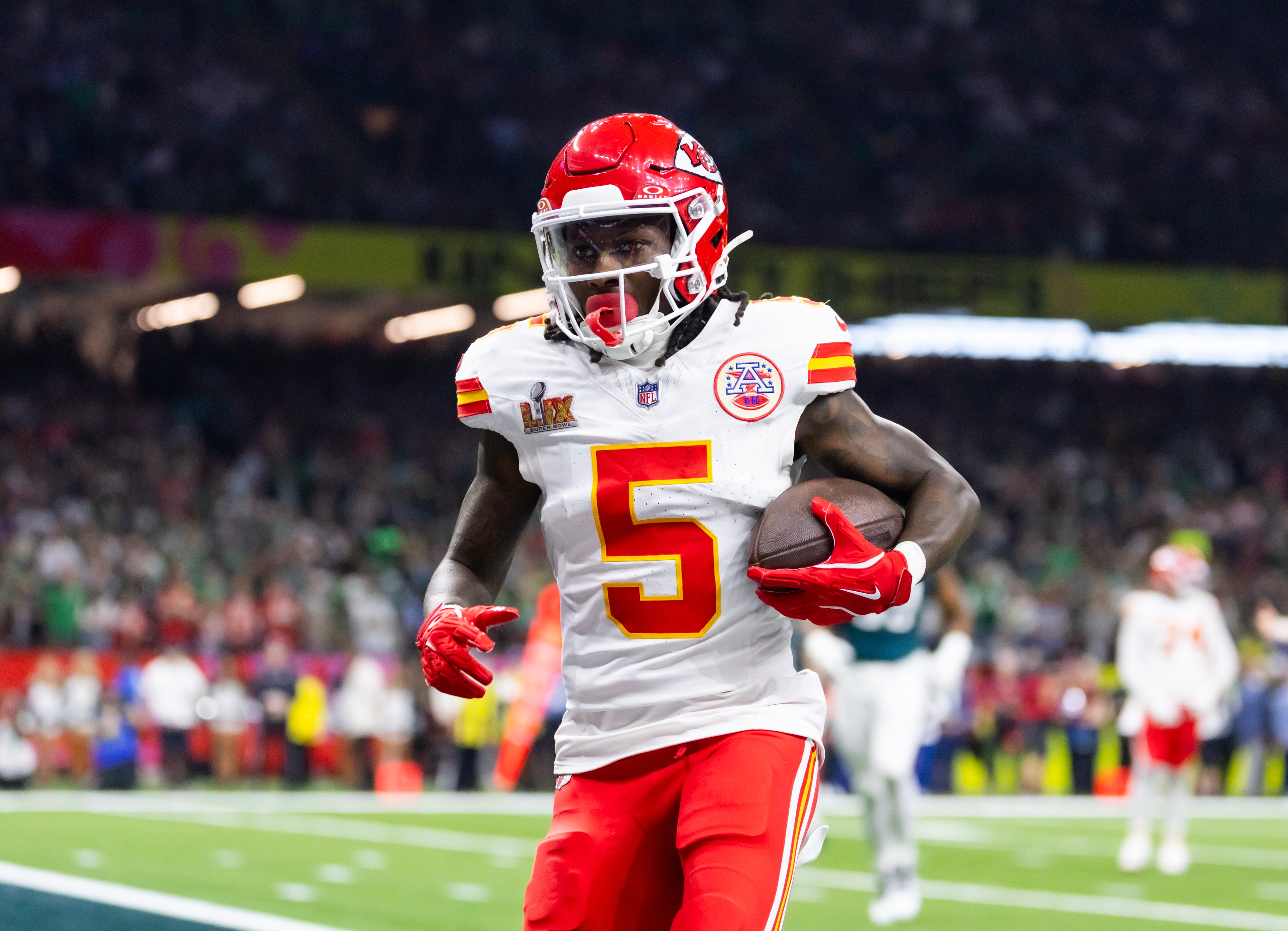 Feb 9, 2025; New Orleans, LA, USA; Kansas City Chiefs wide receiver Marquise Brown (5) against the Philadelphia Eagles in Super Bowl LIX at Ceasars Superdome.