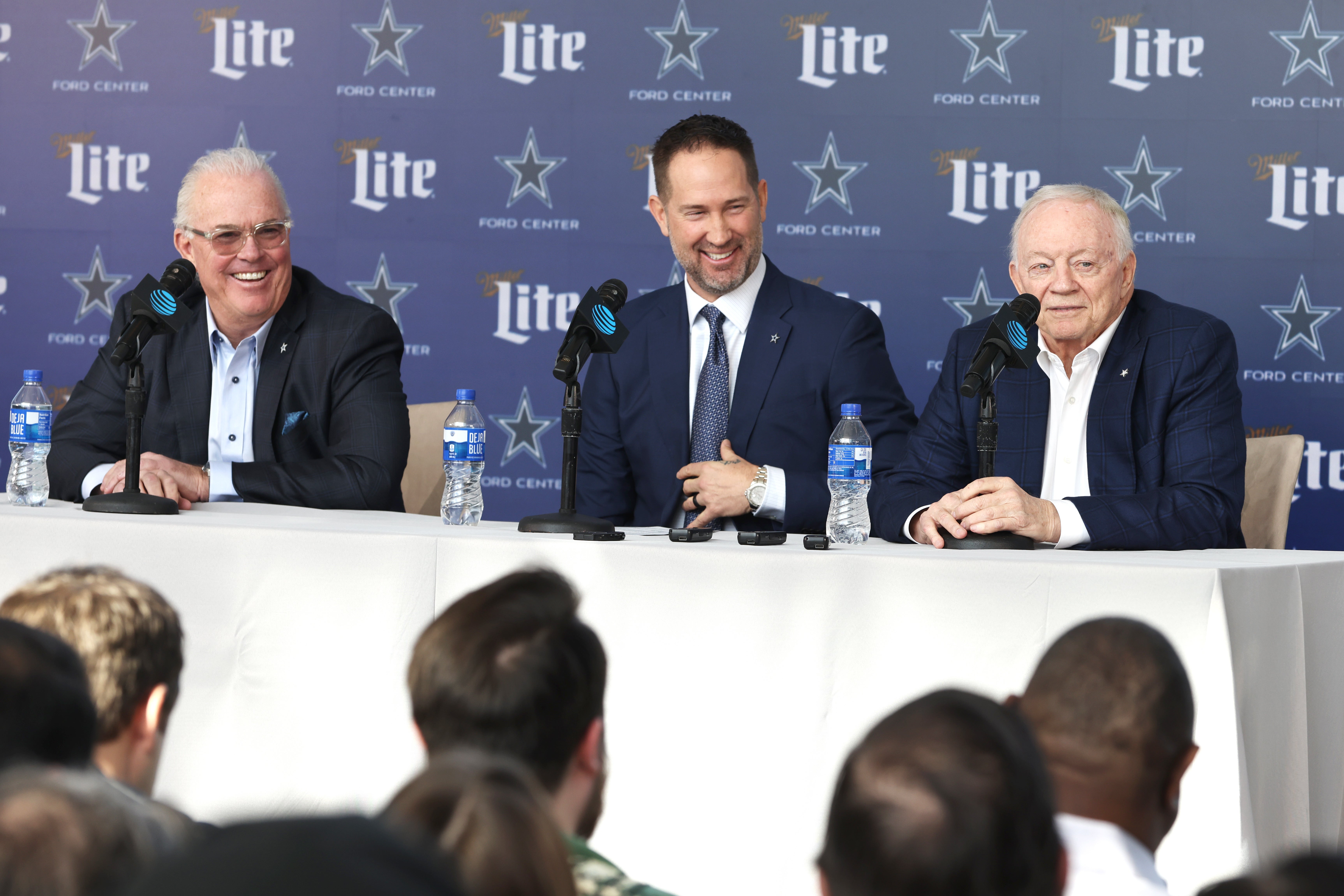 Dallas Cowboys CEO Stephen Jones, head coach Brian Schottenheimer and owner Jerry Jones speak to the media at a press conference at the Star.