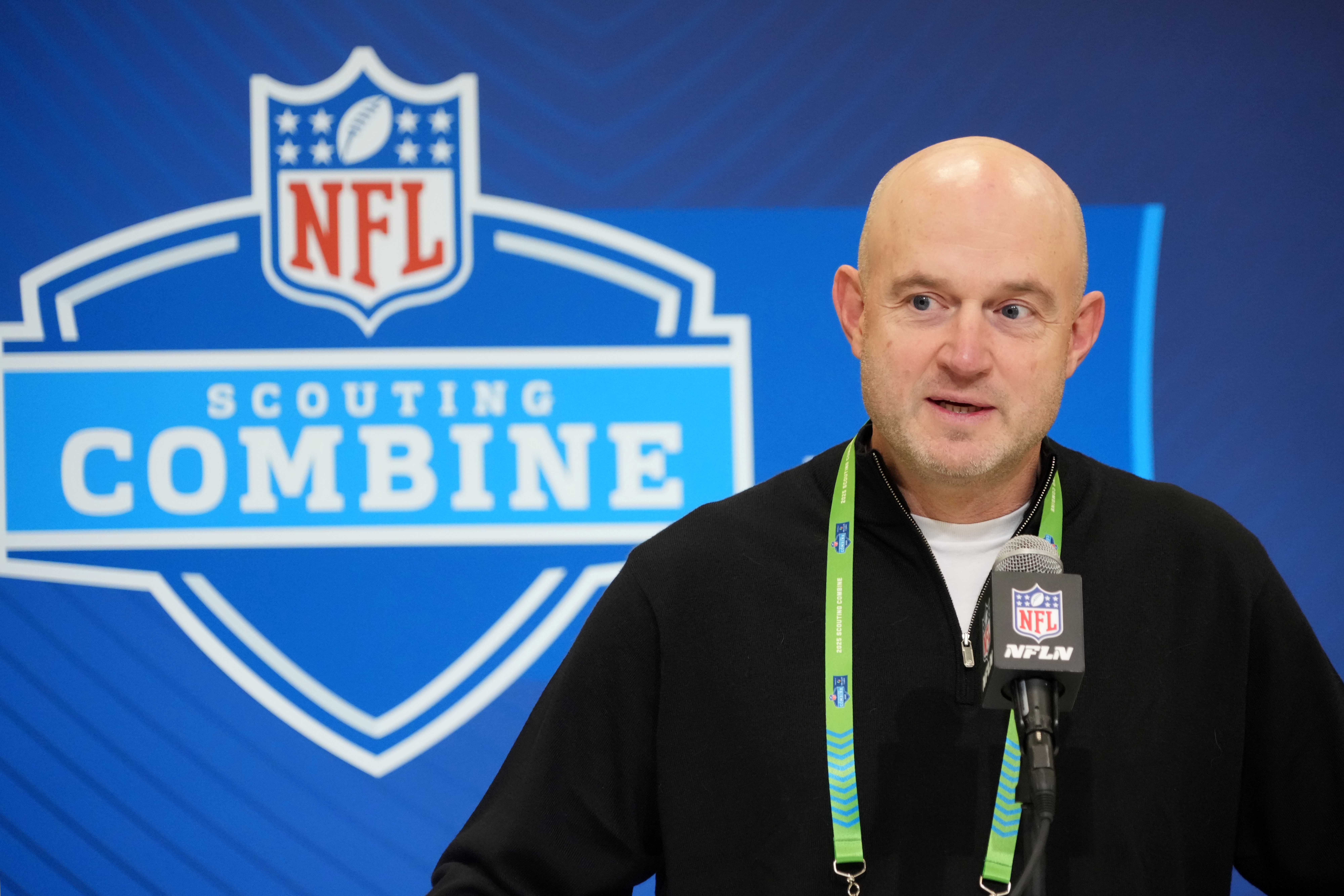Feb 25, 2025; Indianapolis, IN, USA; Cincinnati Bengals general manager Duke Tobin speaks during the NFL Scouting Combine at the Indiana Convention Center.