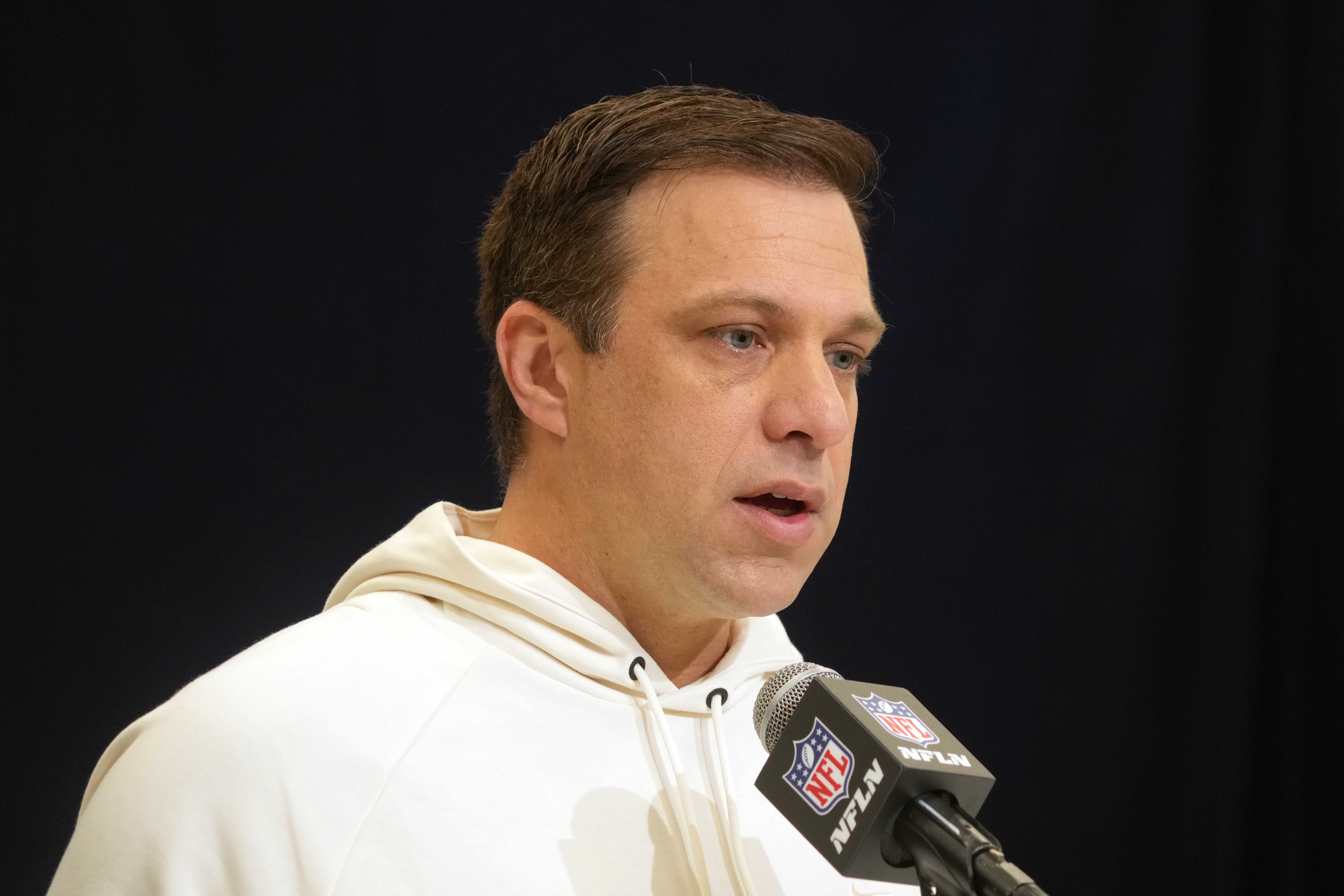 Feb 25, 2025; Indianapolis, IN, USA; Kansas City Chiefs general manager Brett Veach speaks during the NFL Scouting Combine at the Indiana Convention Center.