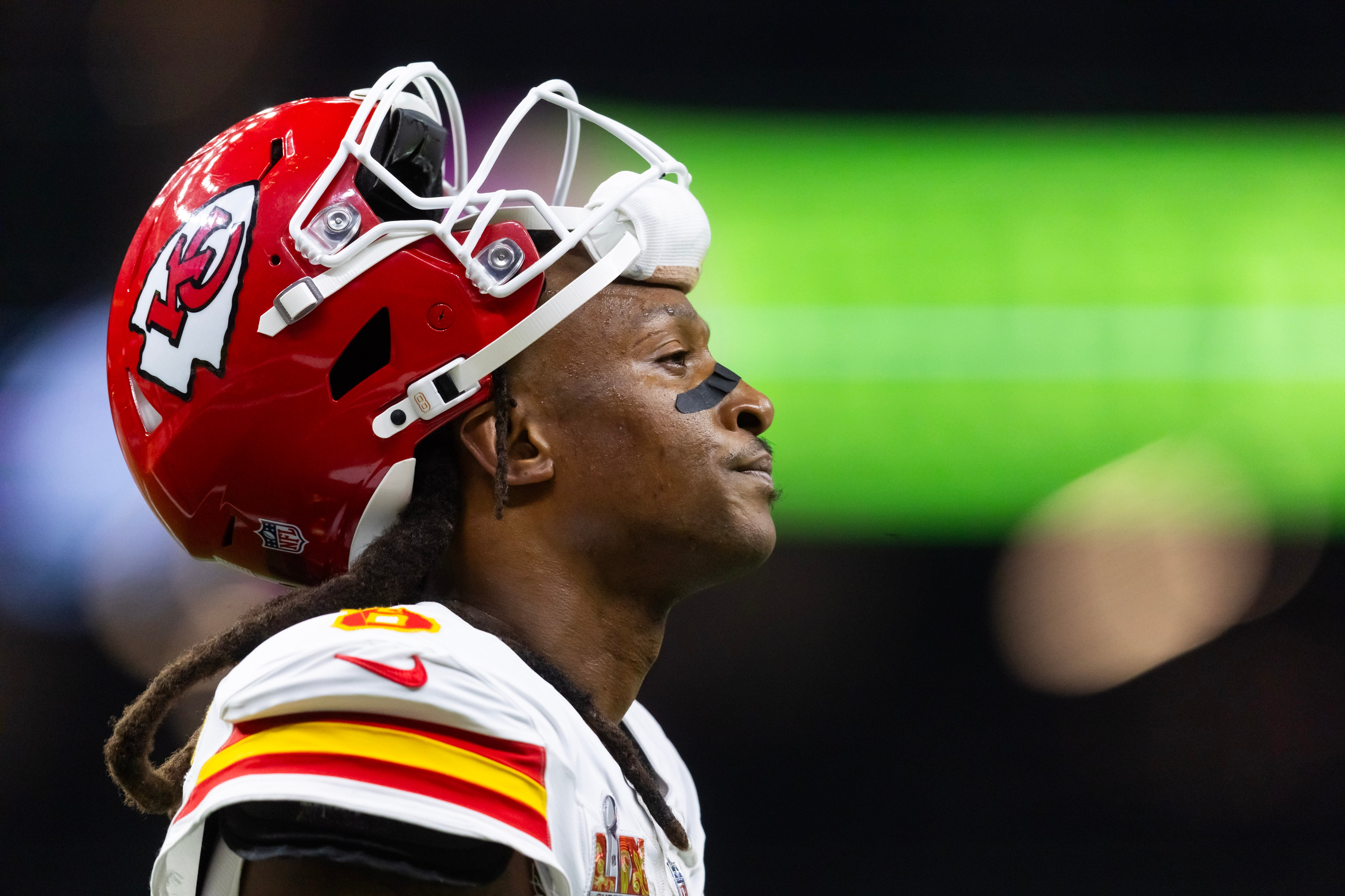 Feb 9, 2025; New Orleans, LA, USA; Kansas City Chiefs wide receiver DeAndre Hopkins (8) against the Philadelphia Eagles in Super Bowl LIX at Ceasars Superdome.