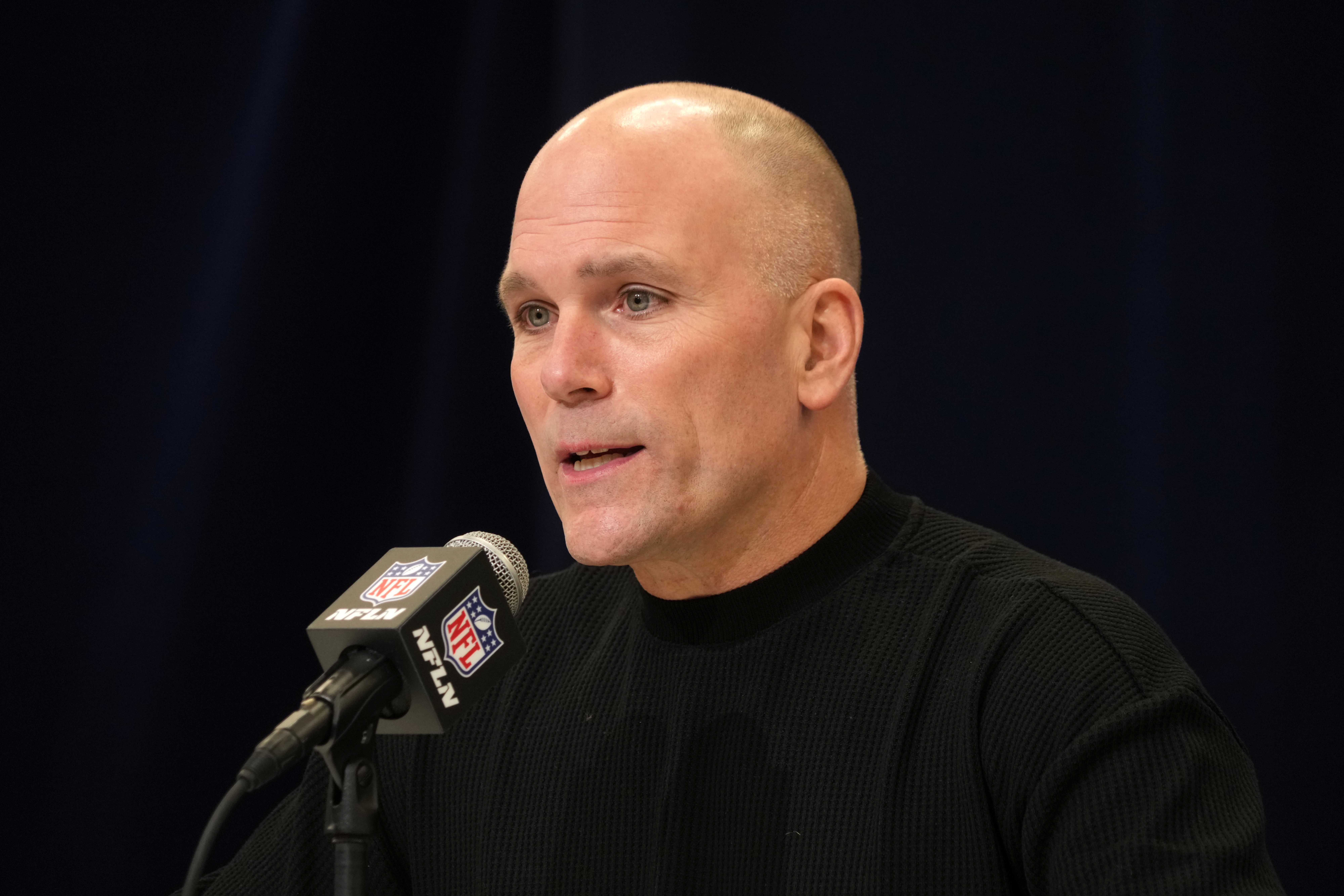 Feb 25, 2025; Indianapolis, IN, USA; Baltimore Ravens general manager Eric DeCosta speaks during the NFL Scouting Combine at the Indiana Convention Center.