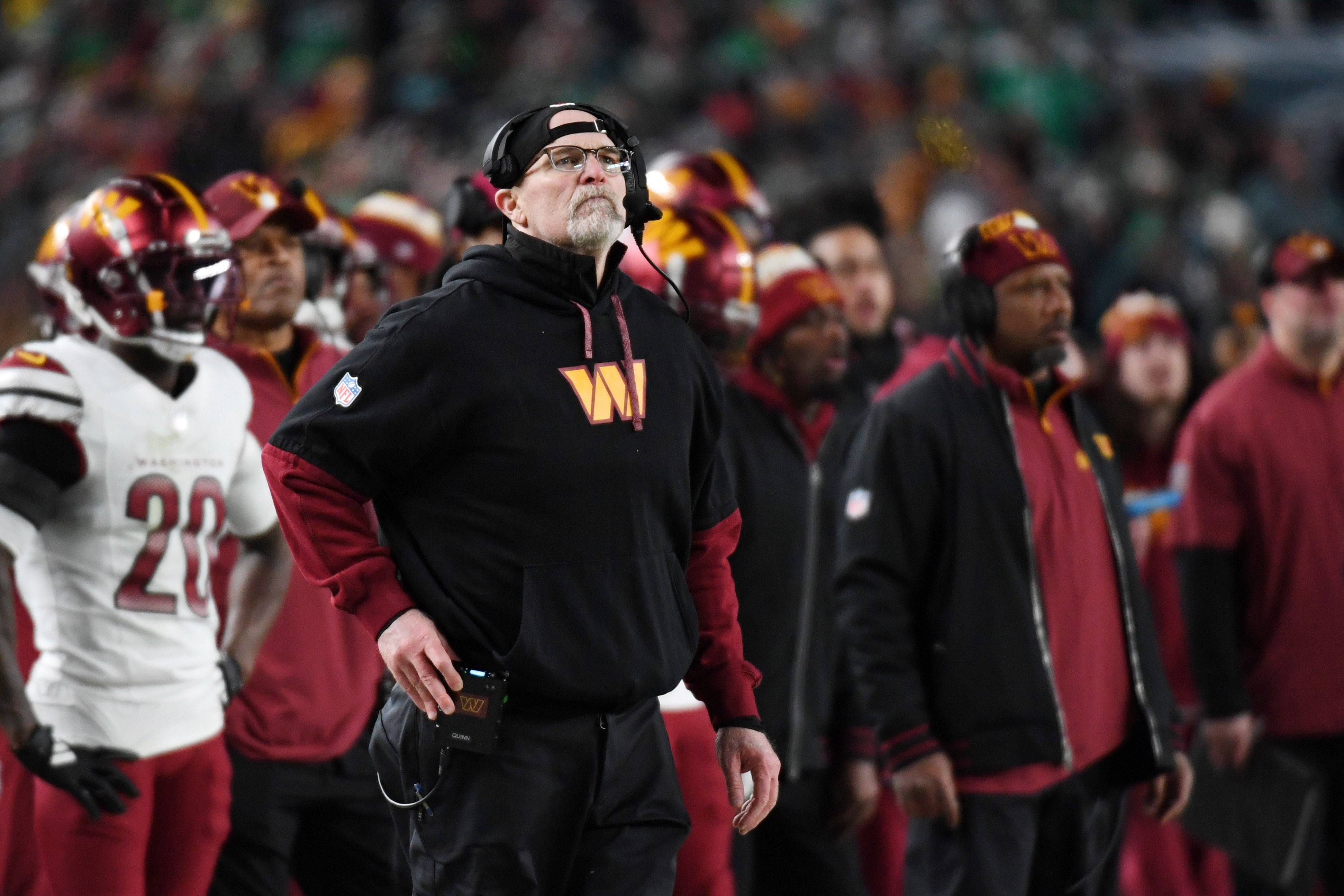 Jan 26, 2025; Philadelphia, PA, USA; Washington Commanders head coach Dan Quinn looks on Philadelphia Eaglesduring the second half in the NFC Championship game at Lincoln Financial Field.