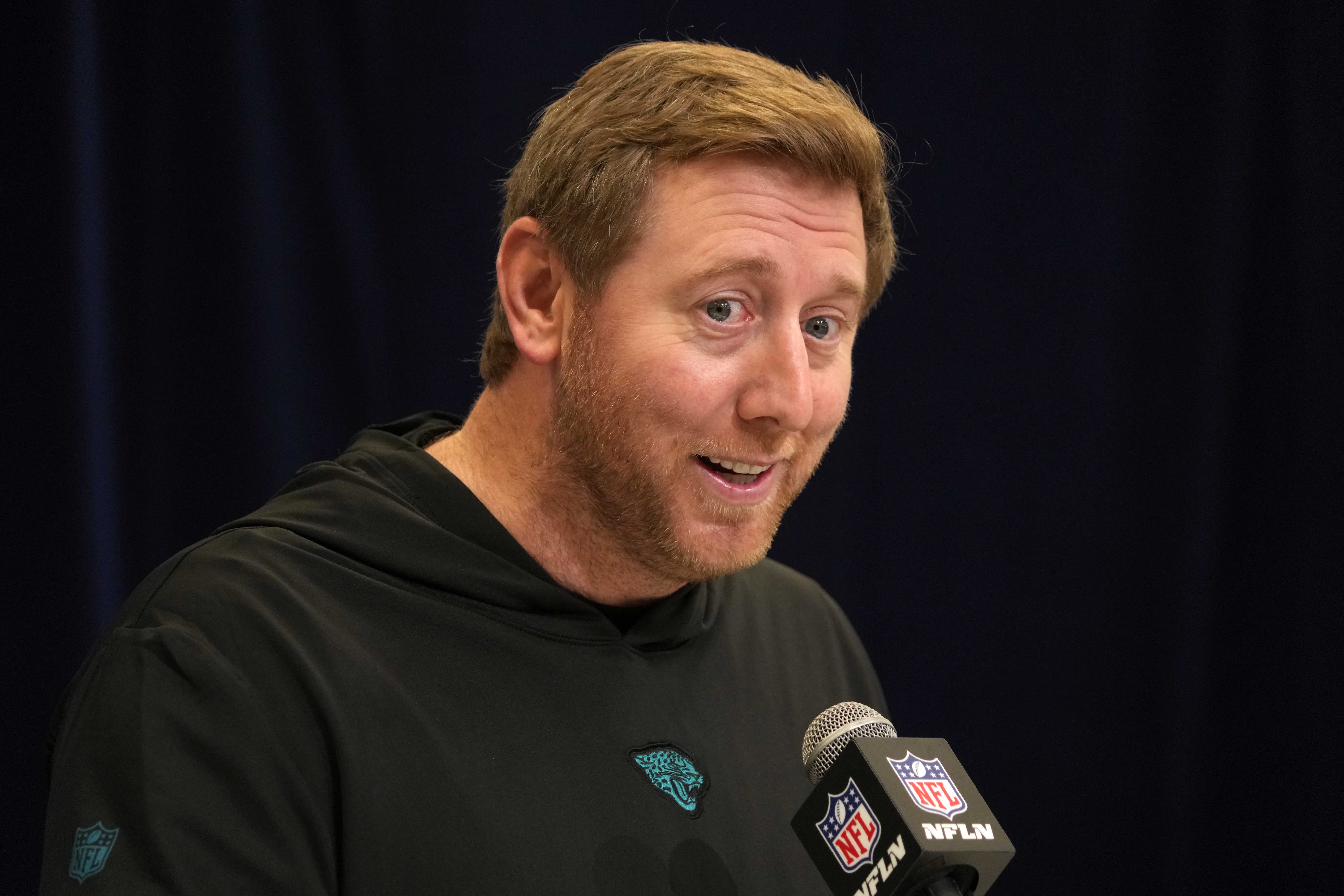 Jacksonville Jaguars coach Liam Coen speaks during the NFL Scouting Combine at the Indiana Convention Center.