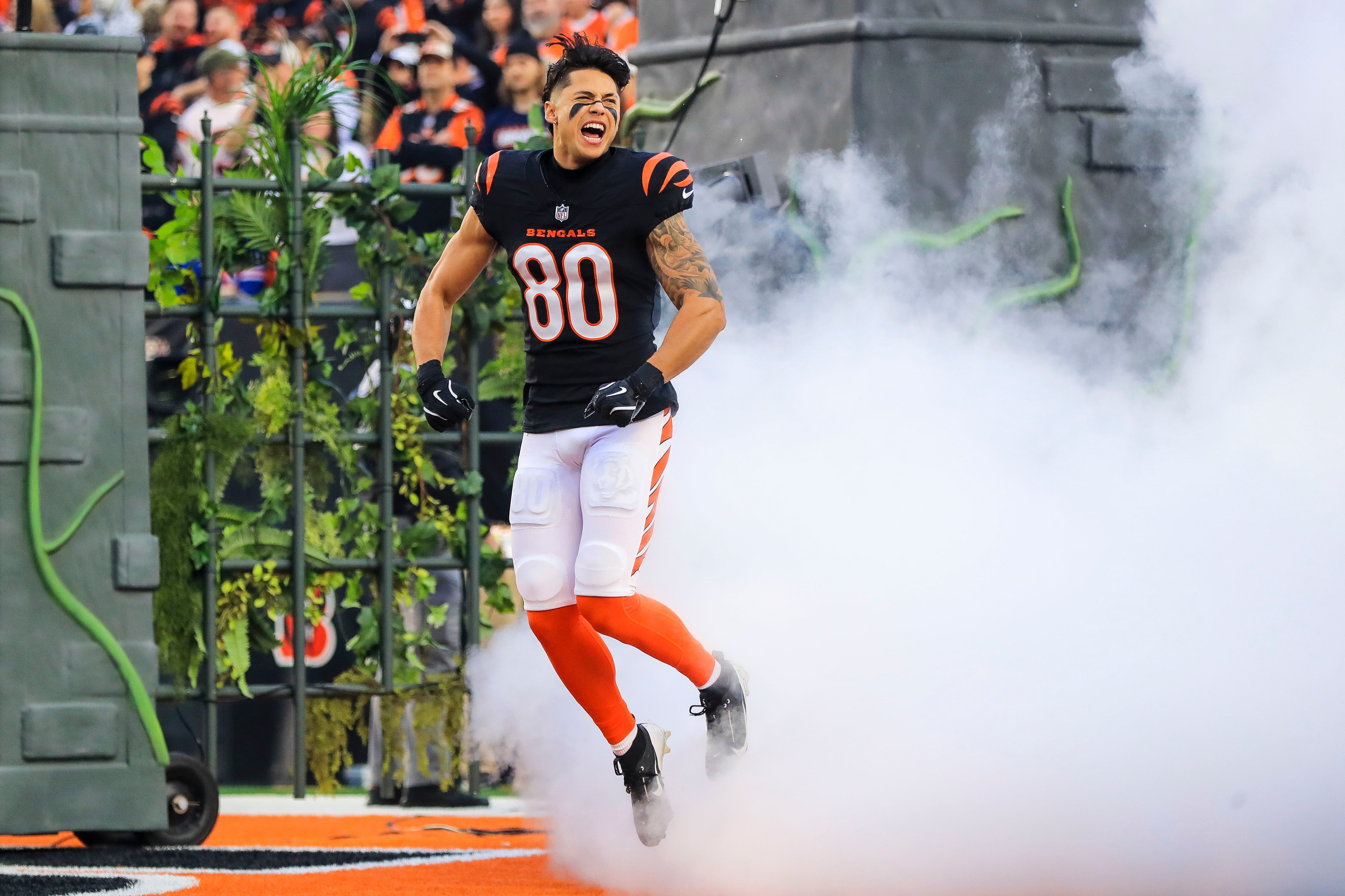 Dec 28, 2024; Cincinnati, Ohio, USA; Cincinnati Bengals wide receiver Andrei Iosivas (80) runs onto the field before the game against the Denver Broncos at Paycor Stadium.