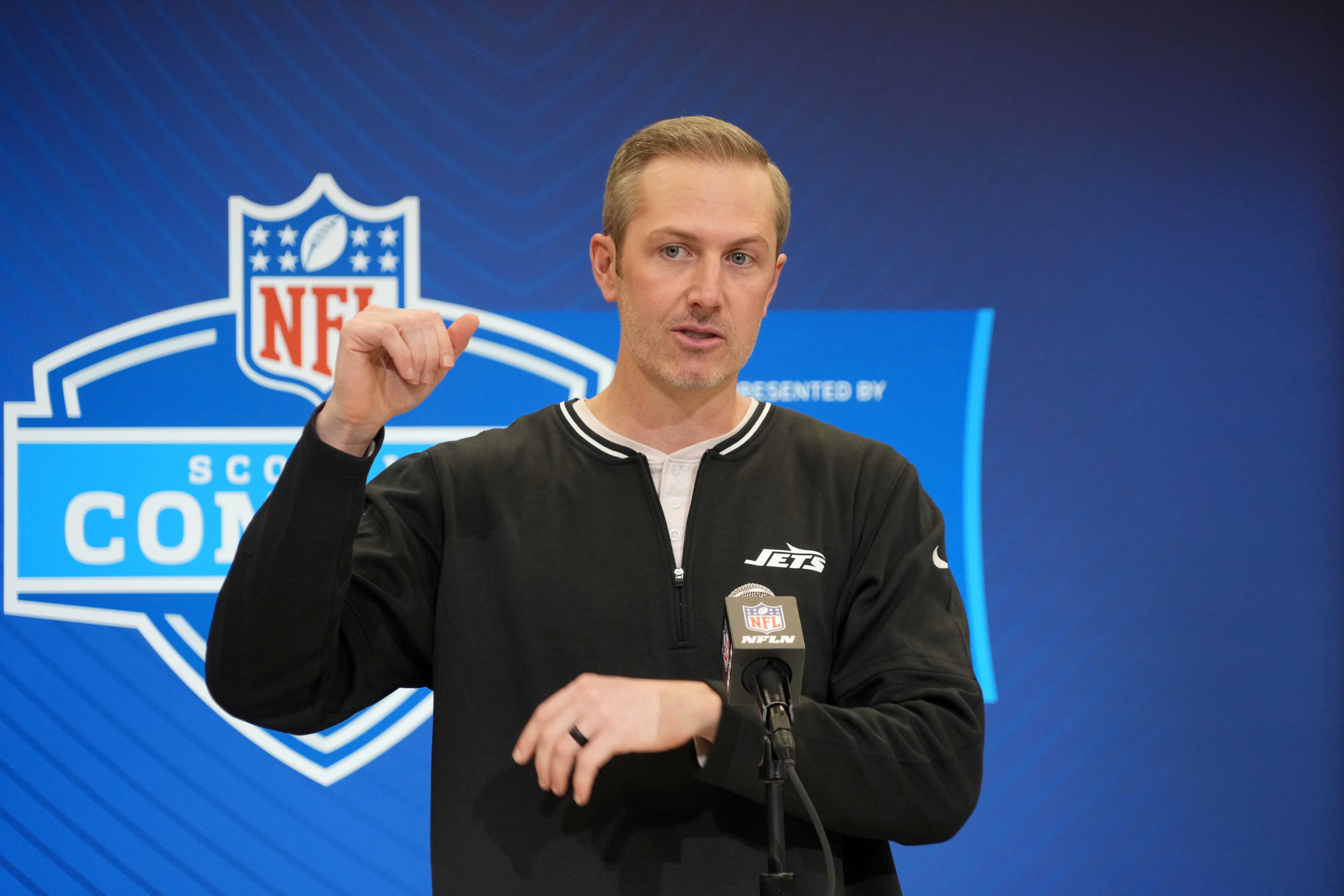 New York Jets general manager Darren Mougey speaks during the NFL Scouting Combine at the Indiana Convention Center.