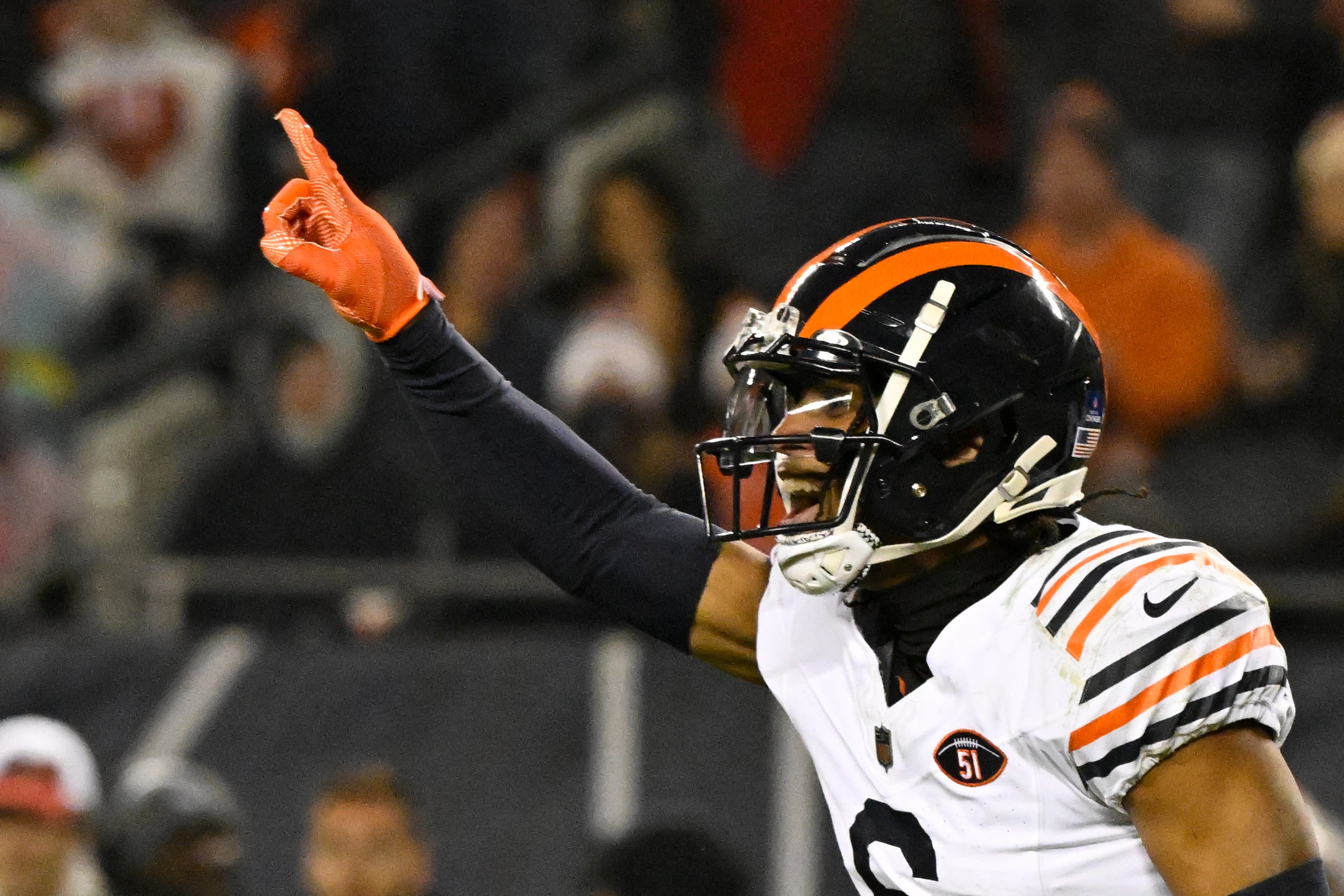 Dec 24, 2023; Chicago, Illinois, USA; Chicago Bears cornerback Kyler Gordon (6) reacts after he sacks Arizona Cardinals quarterback Kyler Murray (1) during the second half at Soldier Field.
