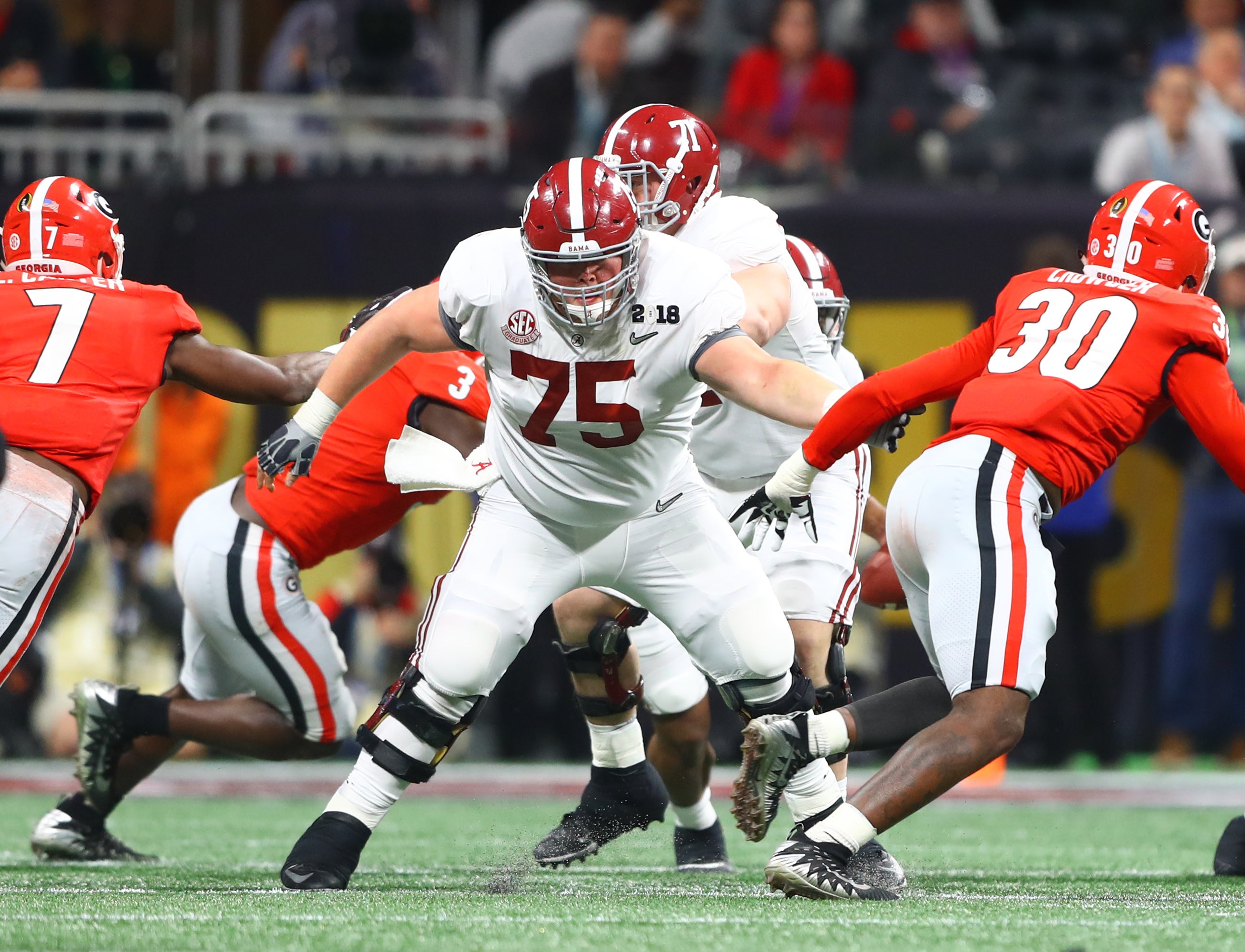 Alabama Crimson Tide offensive lineman Bradley Bozeman (75) against the Georgia Bulldogs in the 2018 CFP national championship college football game at Mercedes-Benz Stadium.