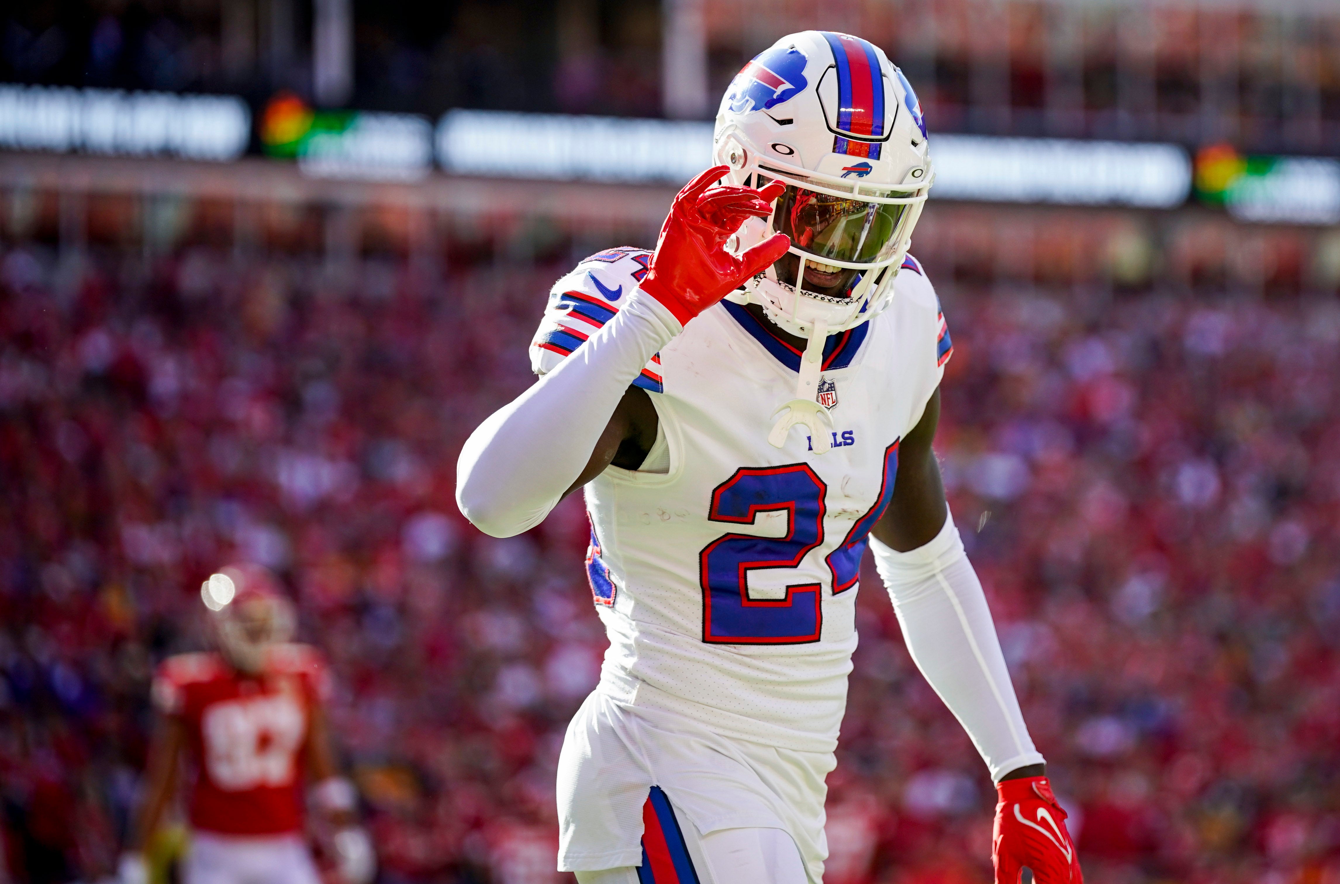 Buffalo Bills cornerback Kaiir Elam (24) waves to fans after an interception against the Kansas City Chiefs during the first half at GEHA Field at Arrowhead Stadium.