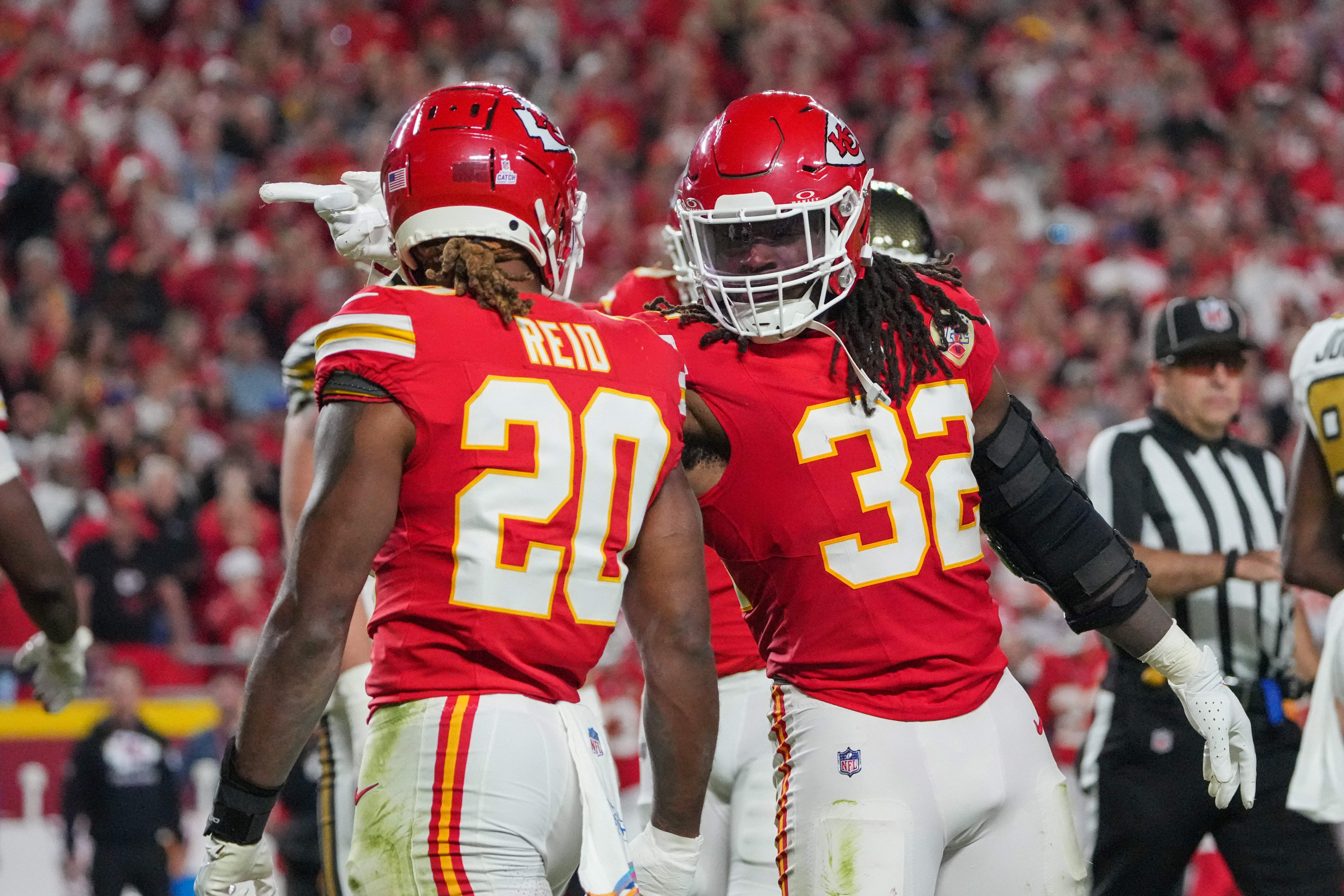 Oct 7, 2024; Kansas City, Missouri, USA; Kansas City Chiefs linebacker Nick Bolton (32) celebrates after a play against the New Orleans Saints during the first half at GEHA Field at Arrowhead Stadium.