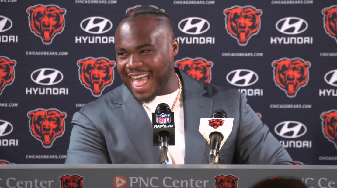 Grady Jarrett laughs with the media at Halas Hall.
