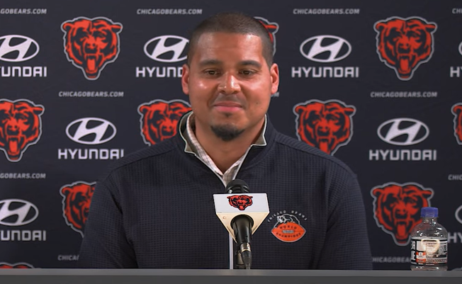 Ryan Poles speaks with the media at Halas Hall.