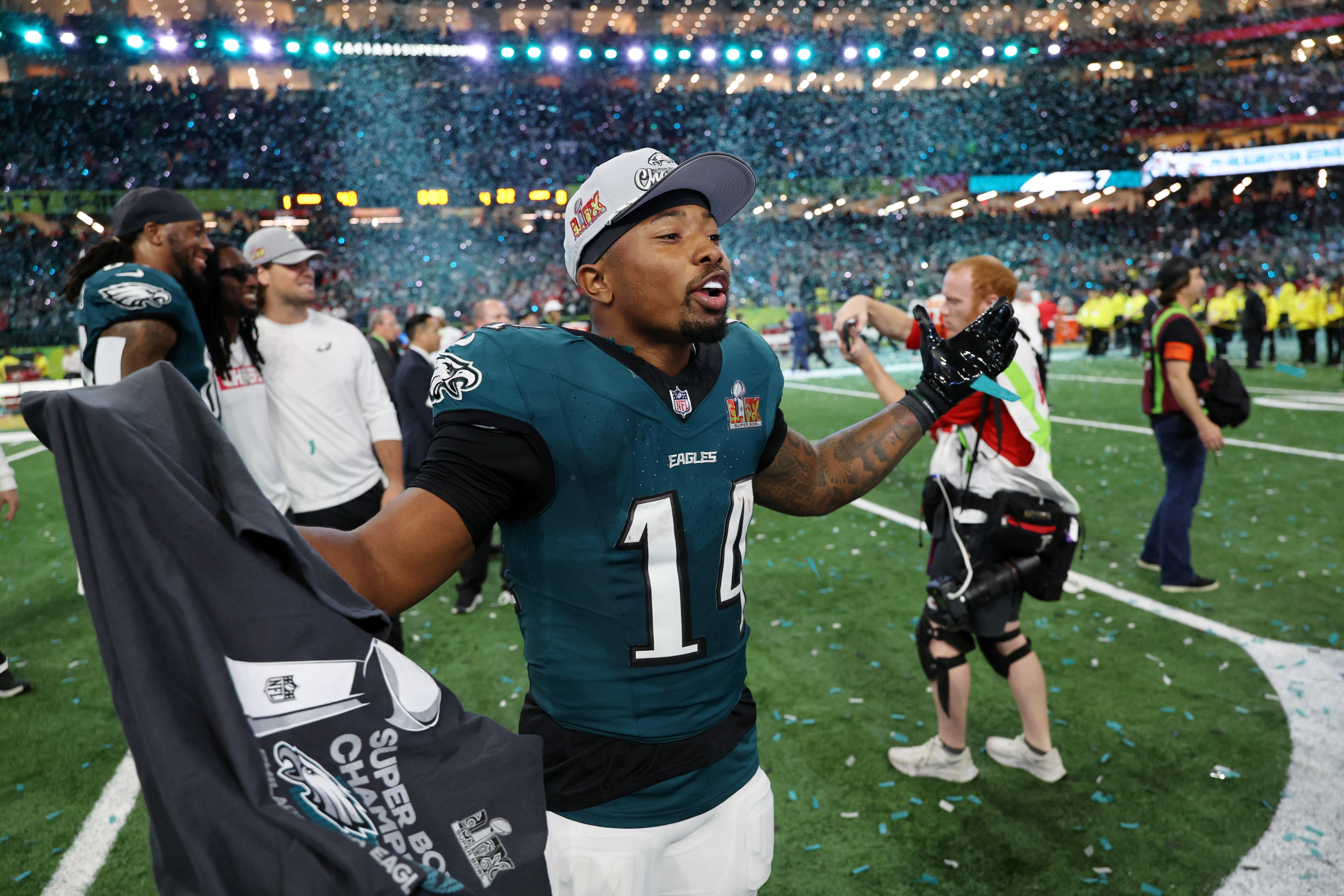 Philadelphia Eagles running back Kenneth Gainwell (14) celebrates after winning Super Bowl LIX against the Kansas City Chiefs at Caesars Superdome.