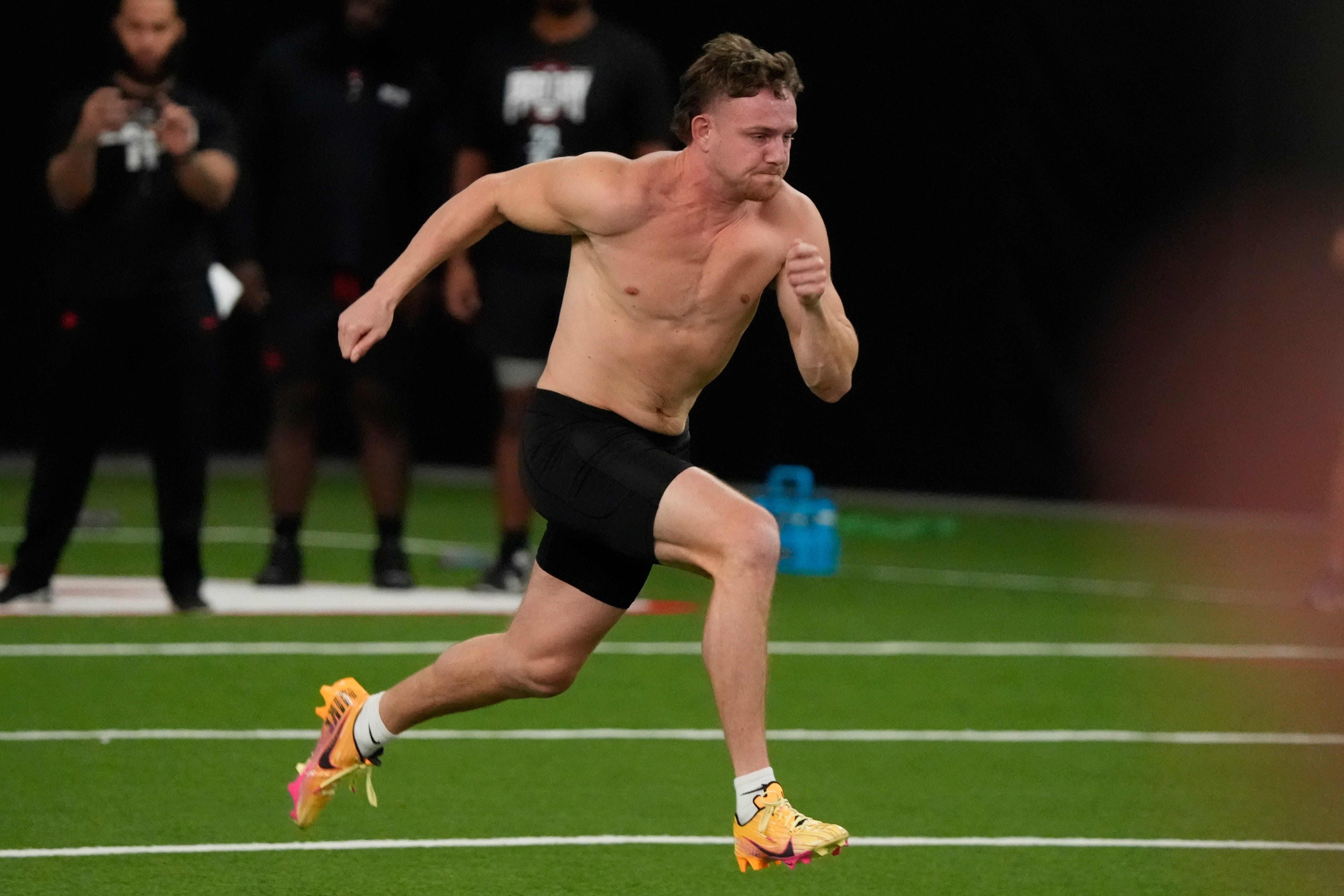Former Georgia defensive back Dan Jackson runs a drill during UGA Footballs Pro Day in Athens, Ga., on Wednesday, March 12, 2025. Representatives from all 32 NFL teams are on hand to watch former UGA.
