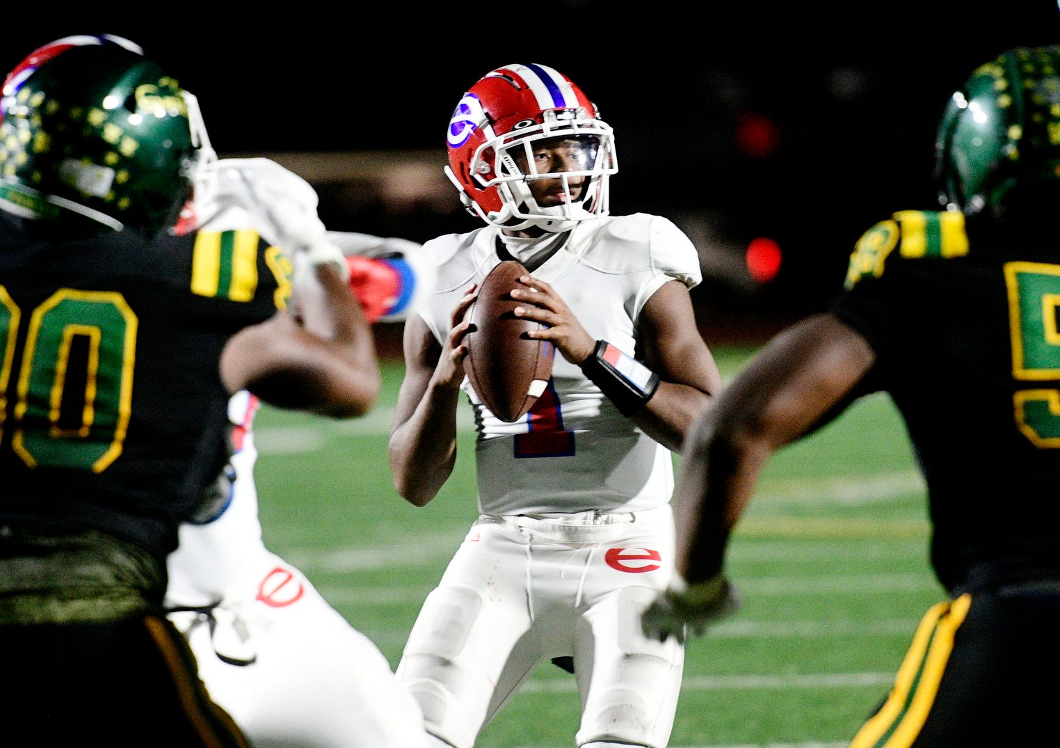Evangel Christian Academy vs. Captain Shreve Thursday evening, November 14, 2024, at Lee Hedges Stadium. Peyton Houston makes a throw.