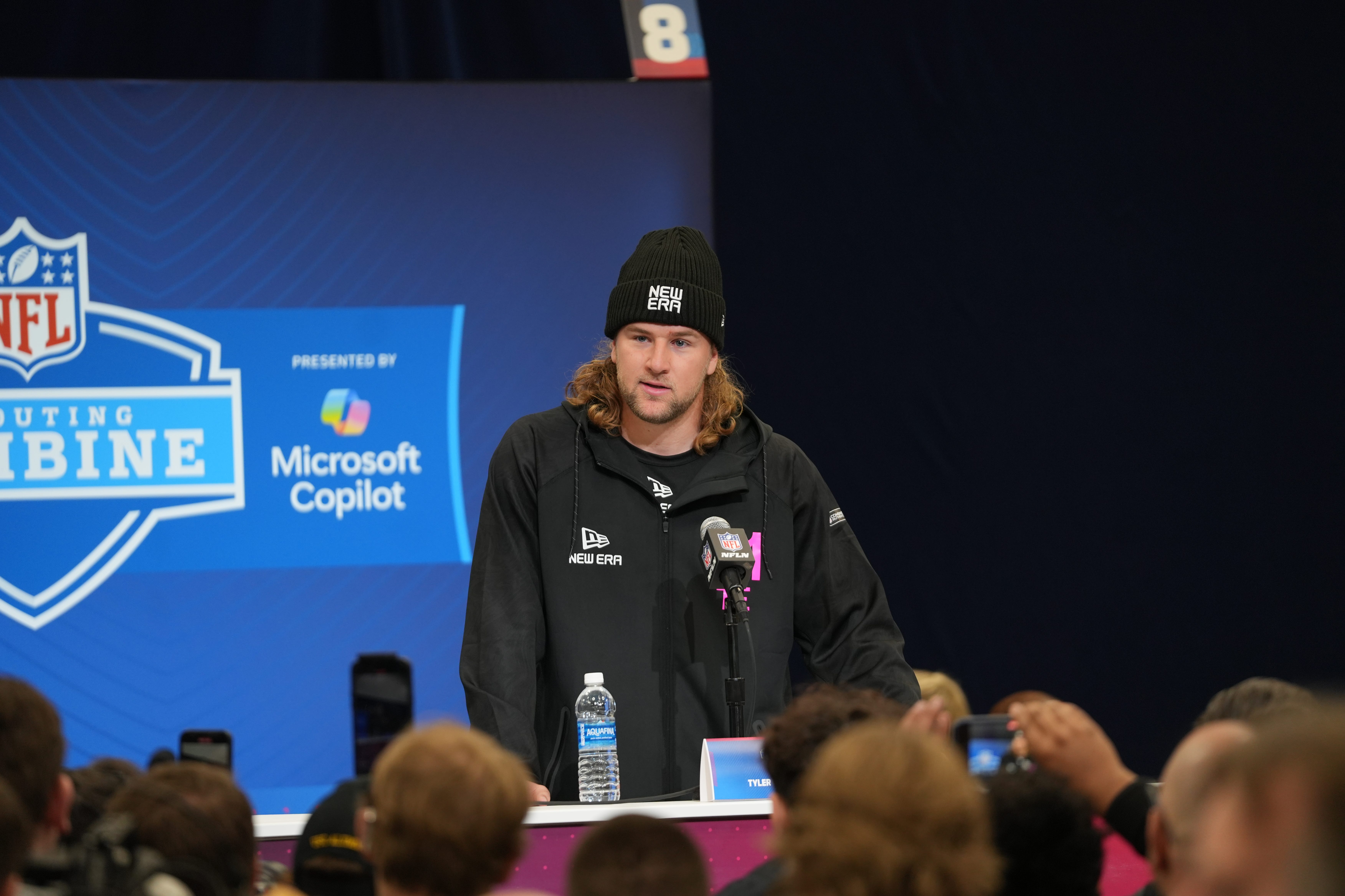Pen State tight end Tyler Warren speaks to the media at the 2025 NFL Combine.