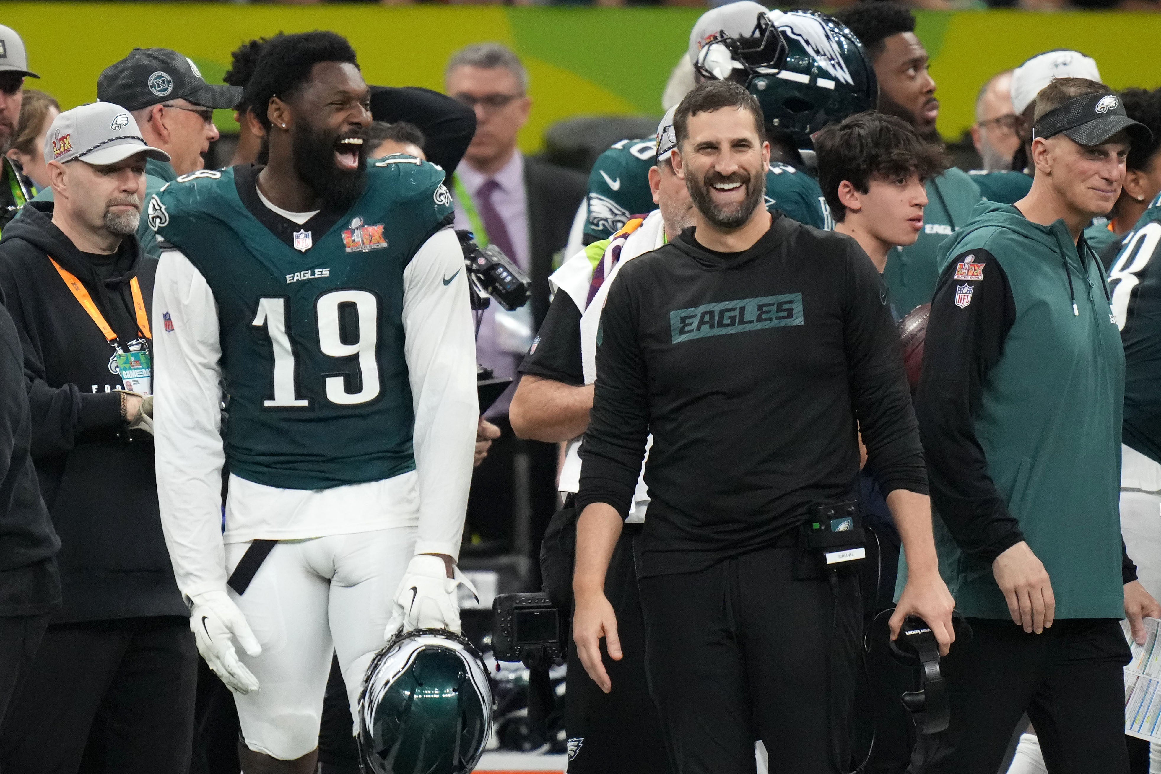 Philadelphia Eagles head coach Nick Sirianni reacts with linebacker Josh Sweat (19) during the fourth quarter against the Kansas City Chiefs in Super Bowl LIX at Caesars Superdome.