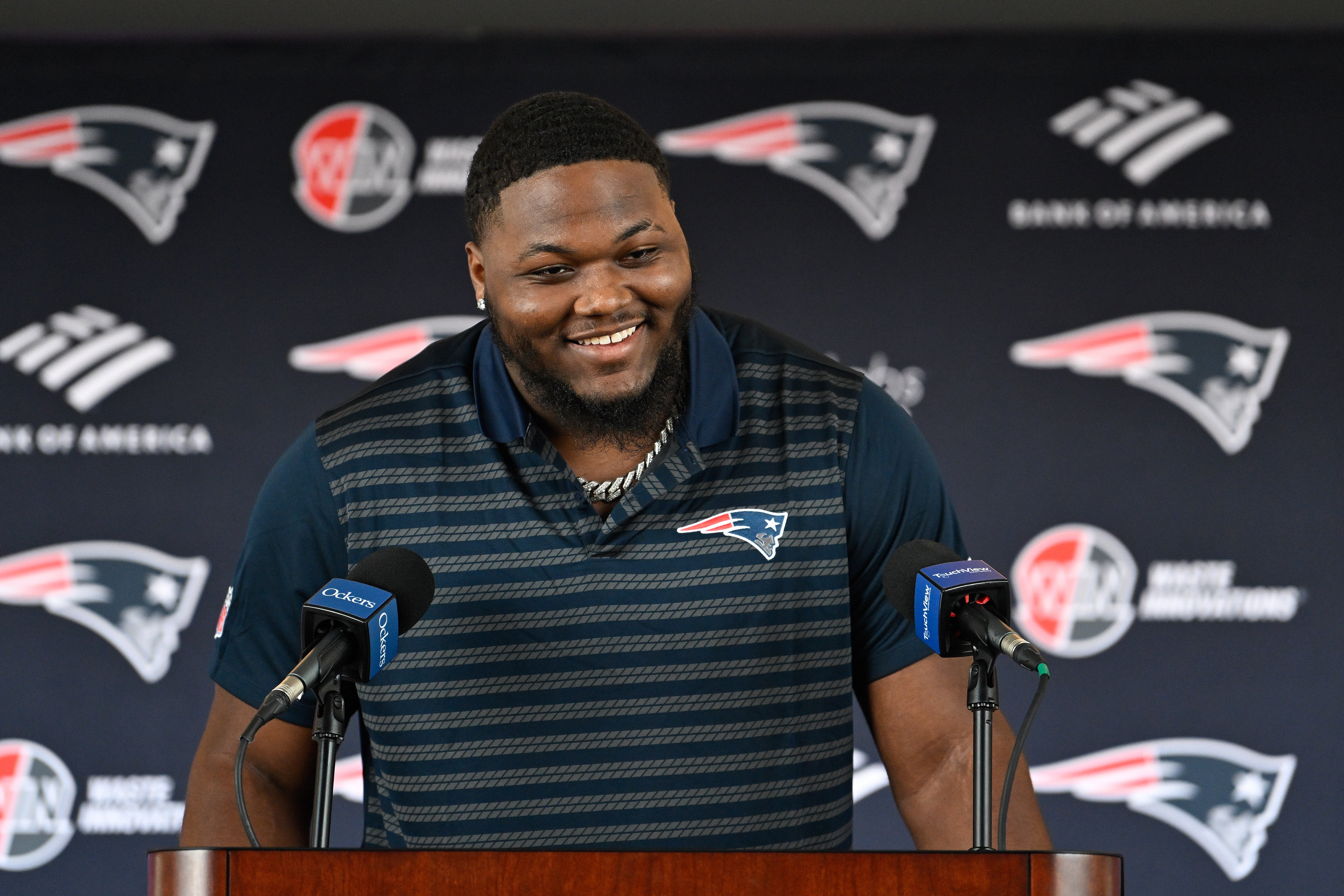 Mar 13, 2025; Foxborough, MA, USA; New England Patriots defensive tackle Milton Williams discusses his recent free agent addition to the Patriots with the media at Gillette Stadium.