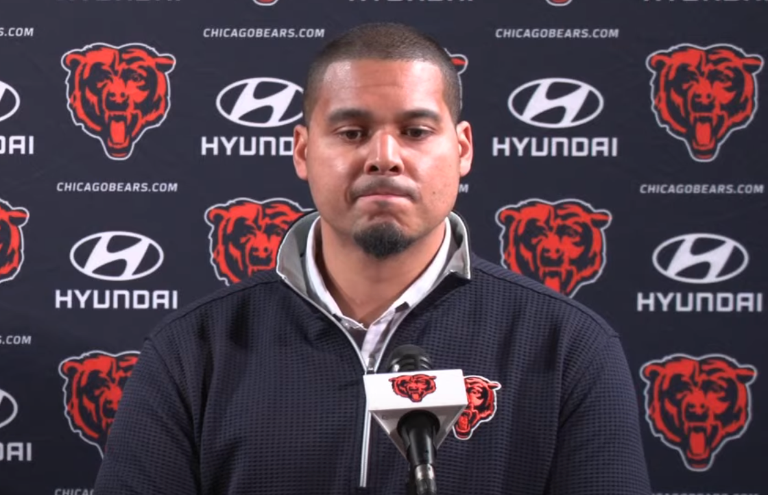 Ryan Poles addresses the media at Halas Hall.