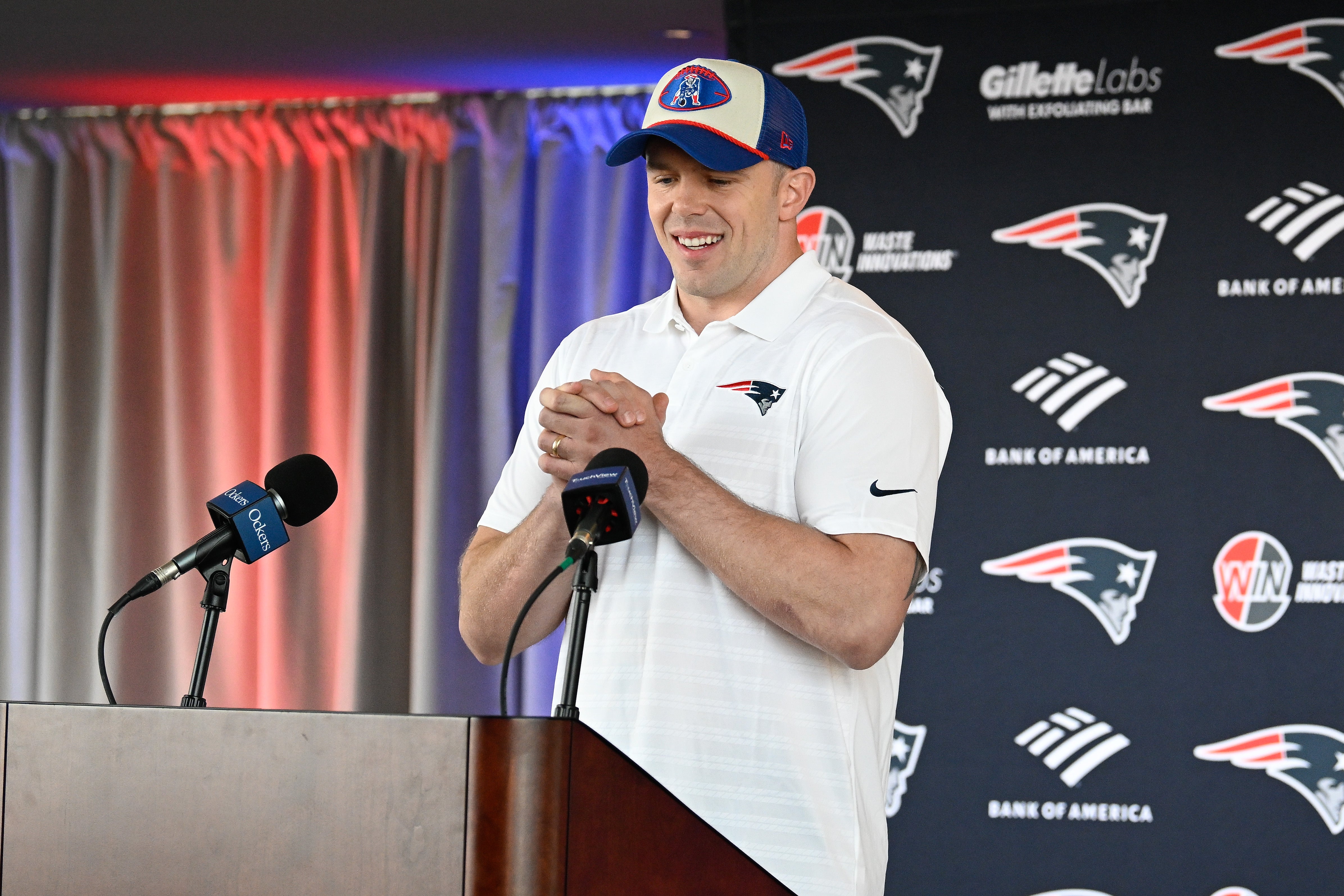 Mar 13, 2025; Foxborough, MA, USA; New England Patriots linebacker Robert Spillane discusses his recent free agent addition to the Patriots with the media at Gillette Stadium.
