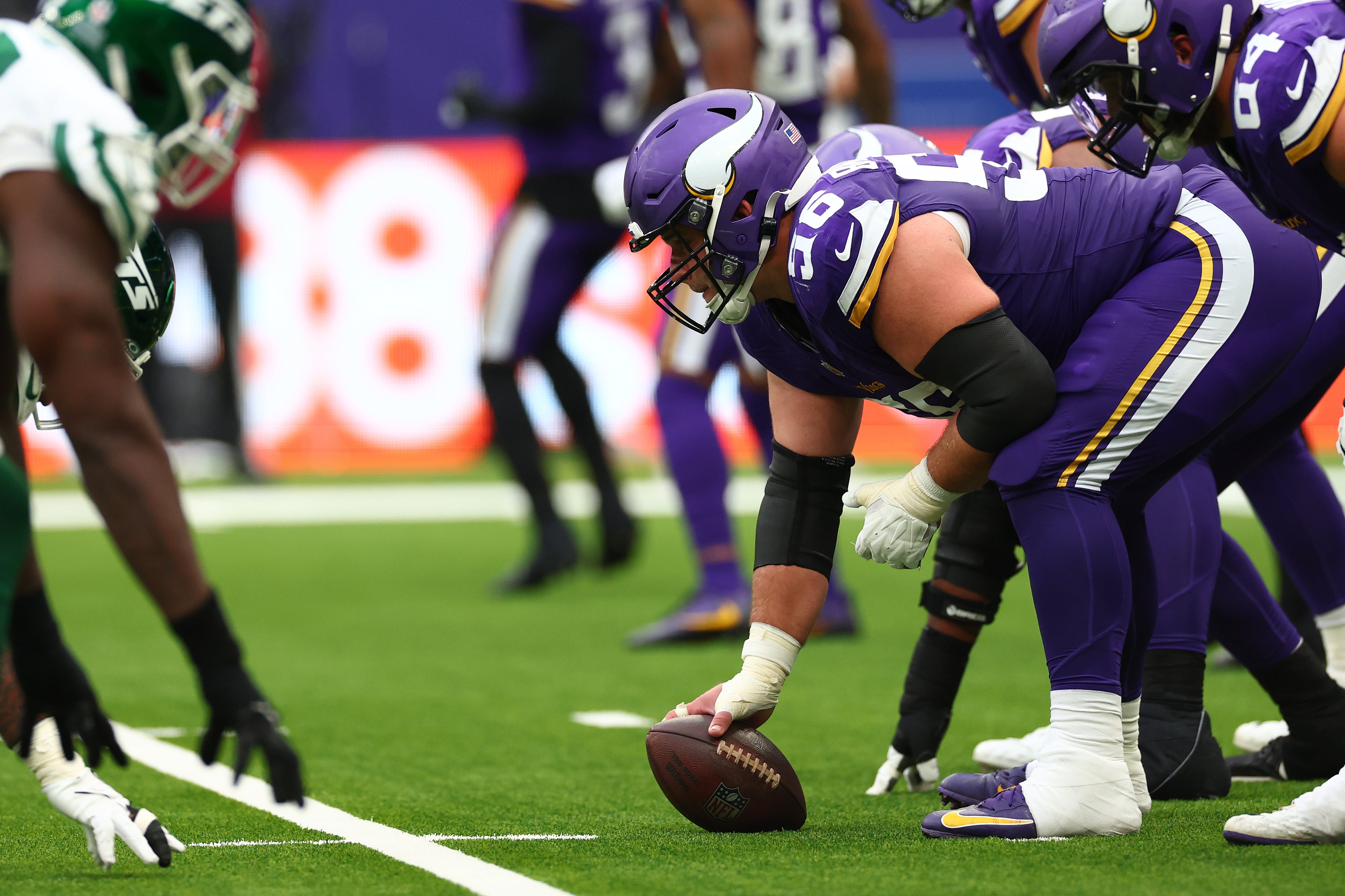 Oct 6, 2024; Tottenham, ENG; Minnesota Vikings Offensive linesman Garrett Bradbury (56) in the 2nd Quarter against New York Jets at Tottenham Hotspur Stadium.