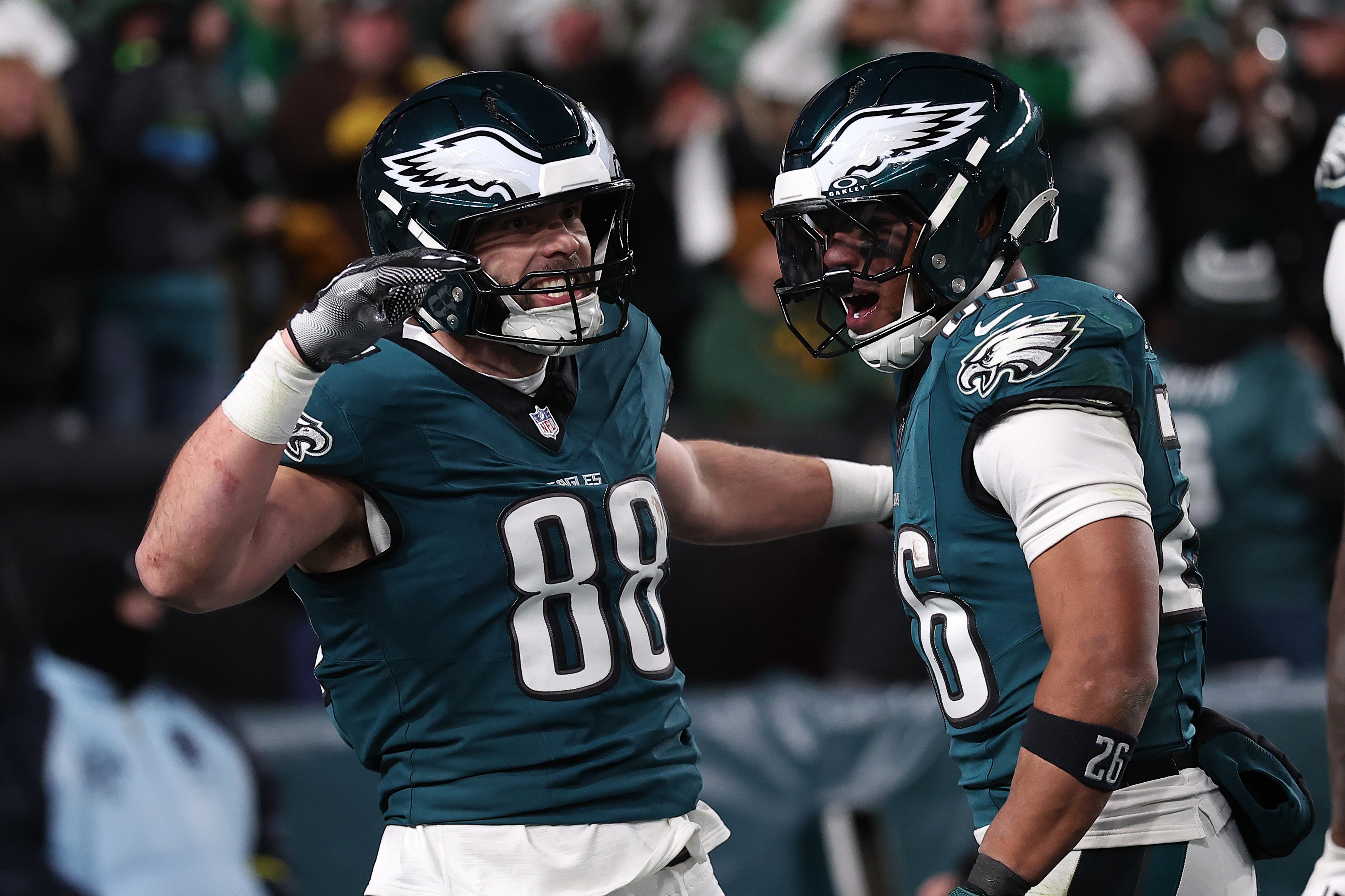 Philadelphia Eagles tight end Dallas Goedert (88) reacts after scoring a touchdown against the Green Bay Packers during the third quarter in an NFC wild card game at Lincoln Financial Field.