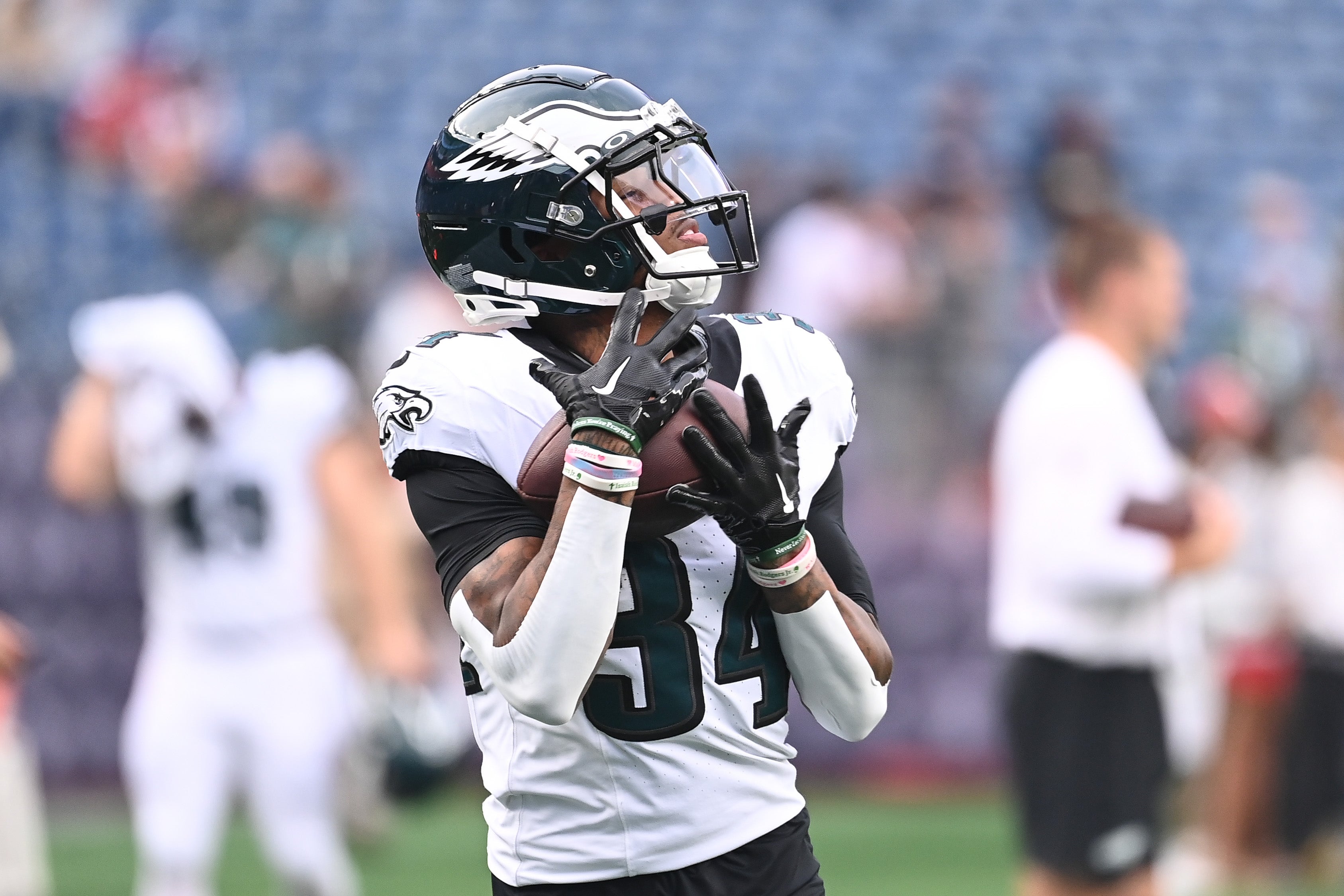 Philadelphia Eagles cornerback Isaiah Rodgers (34) warms up before a game against the New England Patriots at Gillette Stadium.