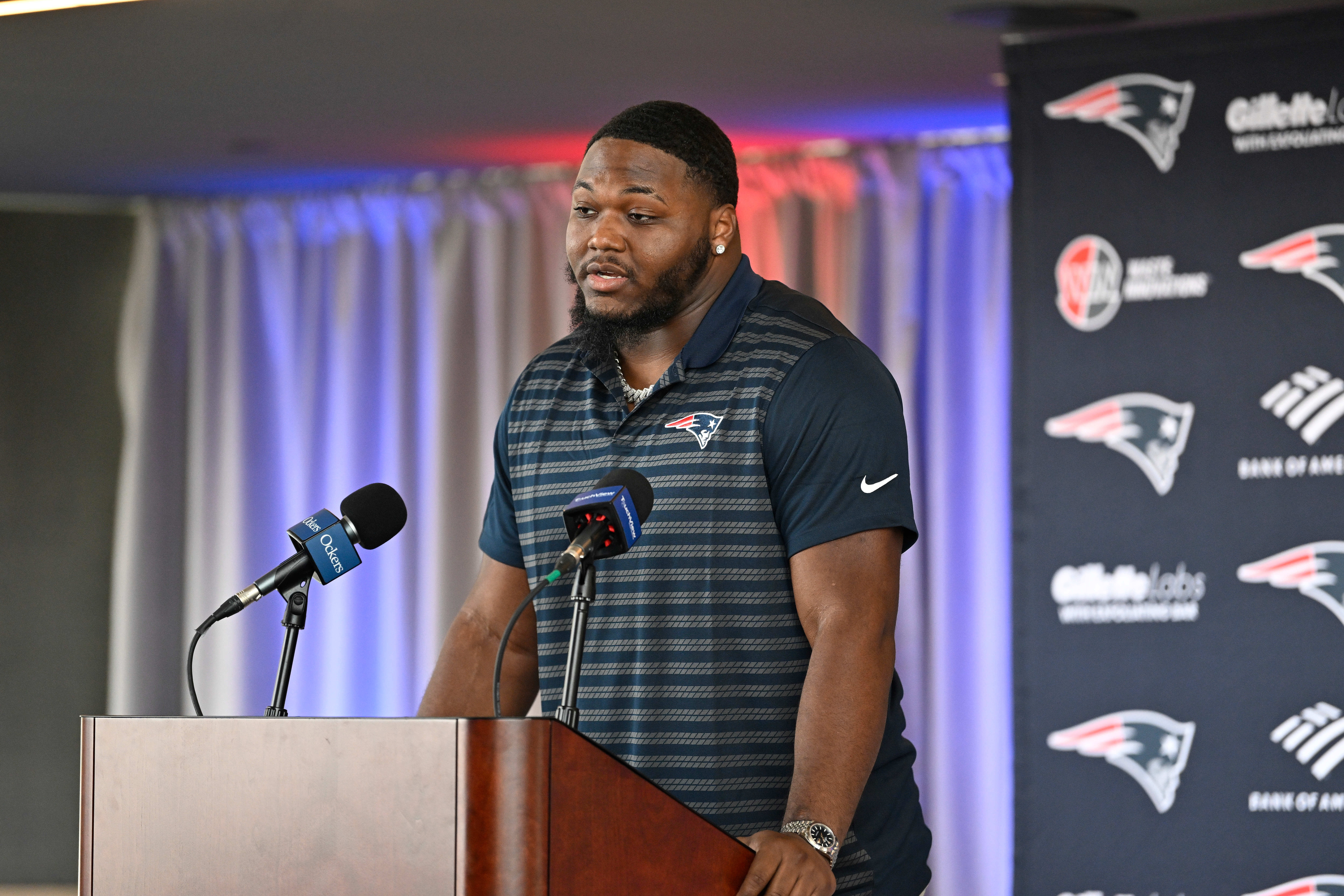 Mar 13, 2025; Foxborough, MA, USA; New England Patriots defensive tackle Milton Williams discusses his recent free agent addition to the Patriots with the media at Gillette Stadium.