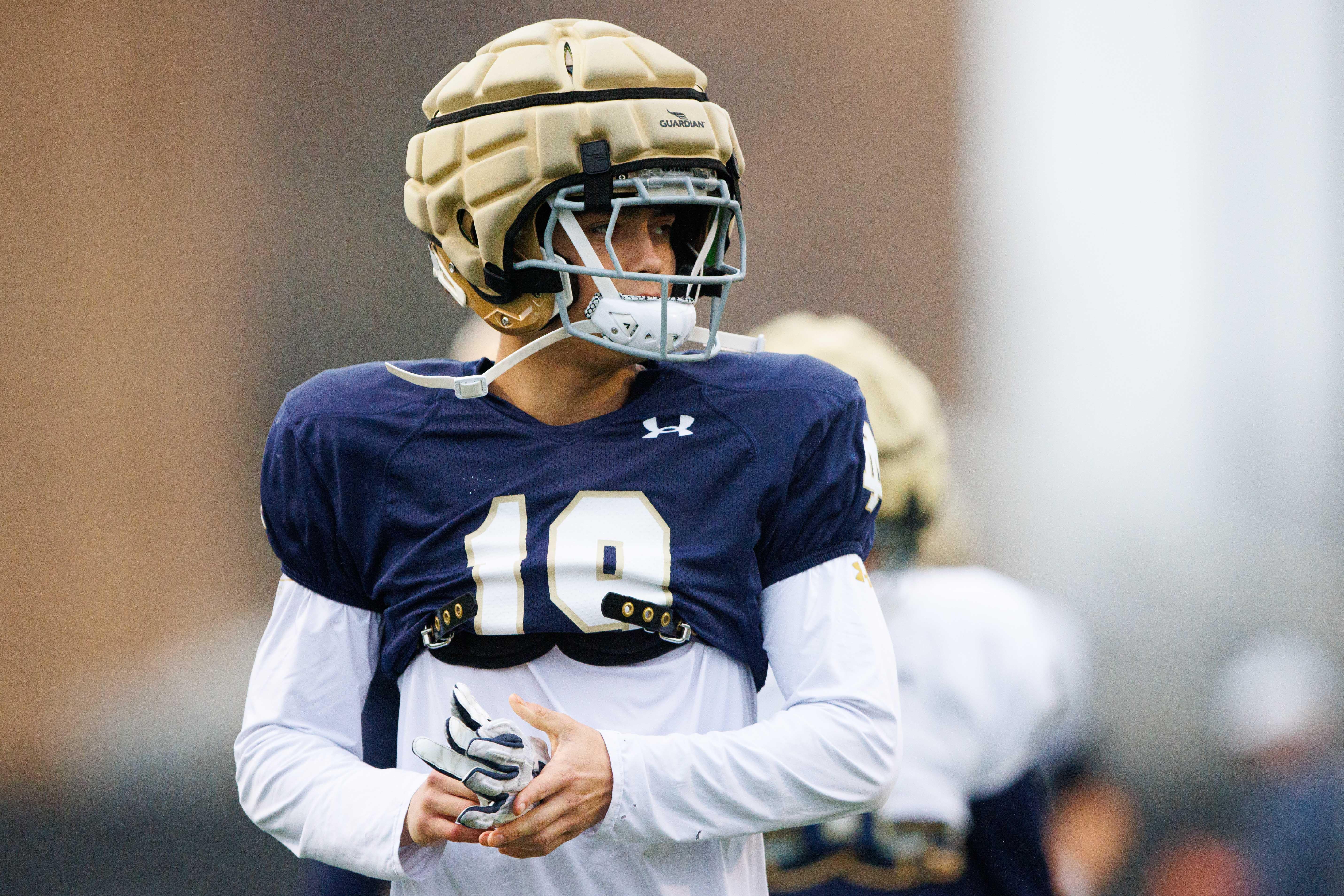 Notre Dame wide receiver Logan Saldate (19) warms up during a Notre Dame football practice at Irish Athletic Center on Monday, Dec. 16, 2024, in South Bend.