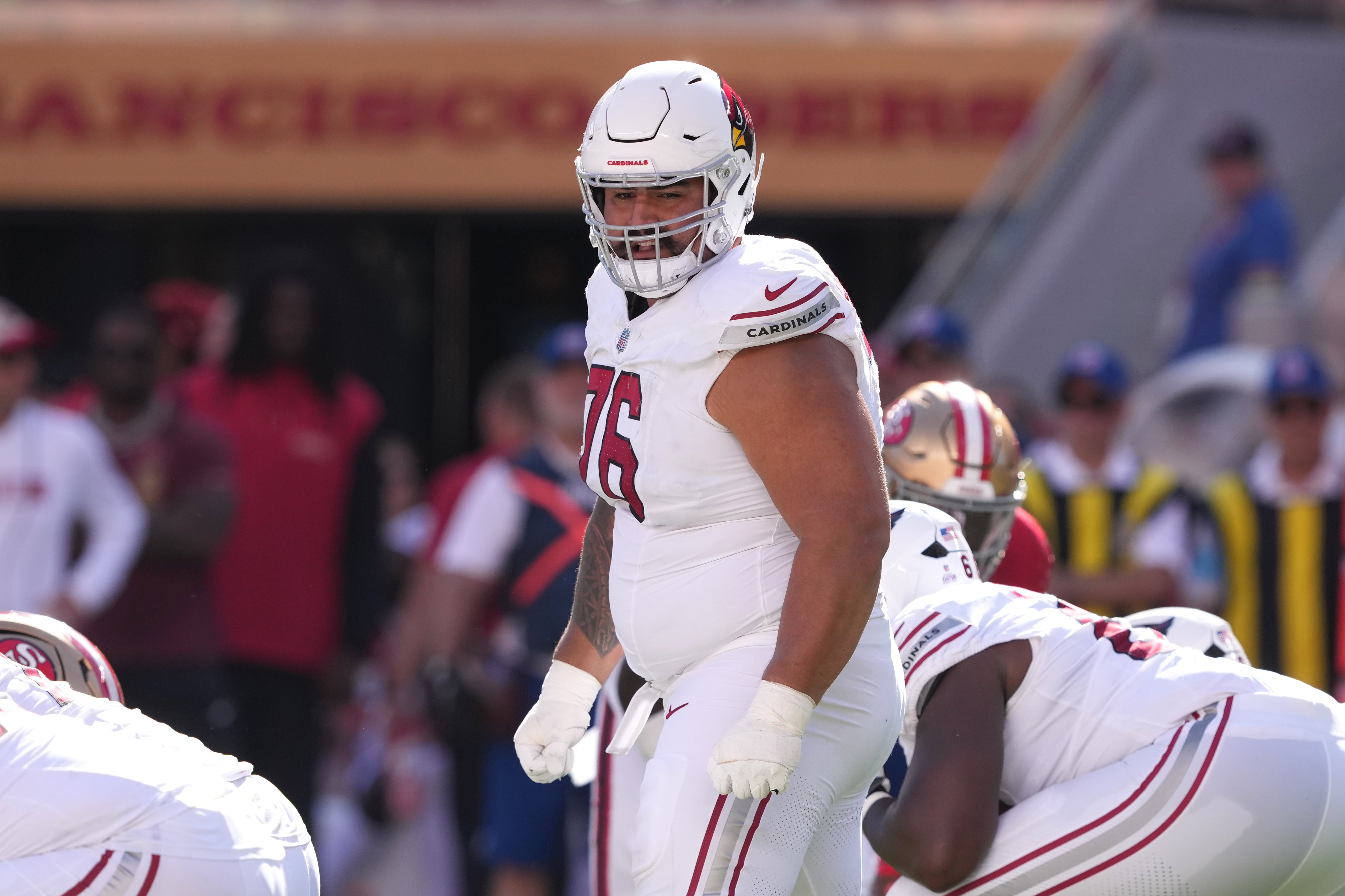 Oct 6, 2024; Santa Clara, California, USA; Arizona Cardinals guard Will Hernandez (76) during the third quarter against the San Francisco 49ers at Levi's Stadium.