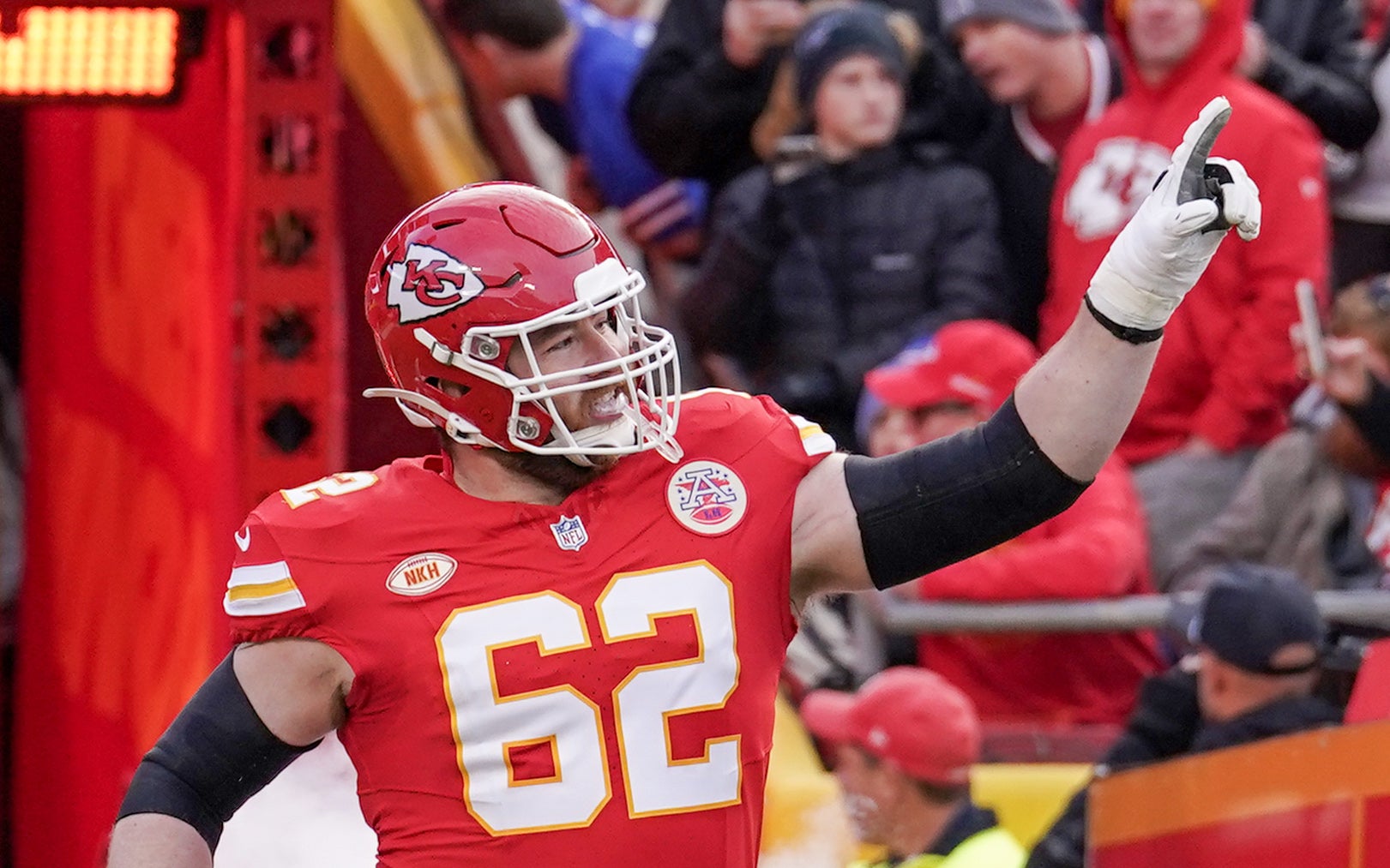 Dec 10, 2023; Kansas City, Missouri, USA; Kansas City Chiefs guard Joe Thuney (62) is introduced against the Buffalo Bills prior to a game at GEHA Field at Arrowhead Stadium.