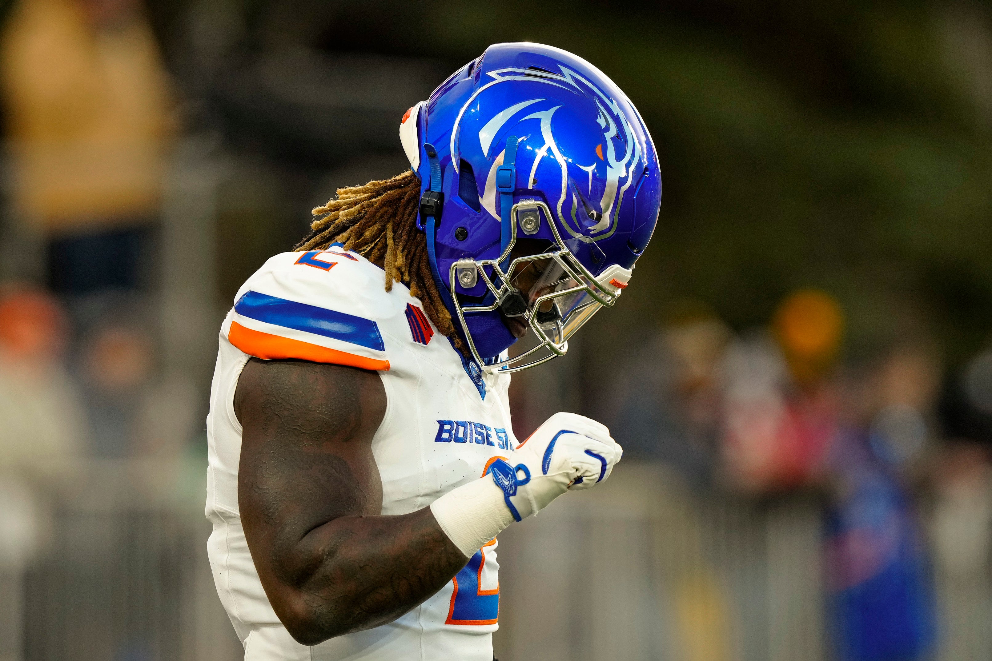 Nov 23, 2024; Laramie, Wyoming, USA; Boise State Broncos running back and Heisman Trophy candidate Ashton Jeanty (2) warms up before game against the Wyoming Cowboys at Jonah Field at War Memorial Stadium.