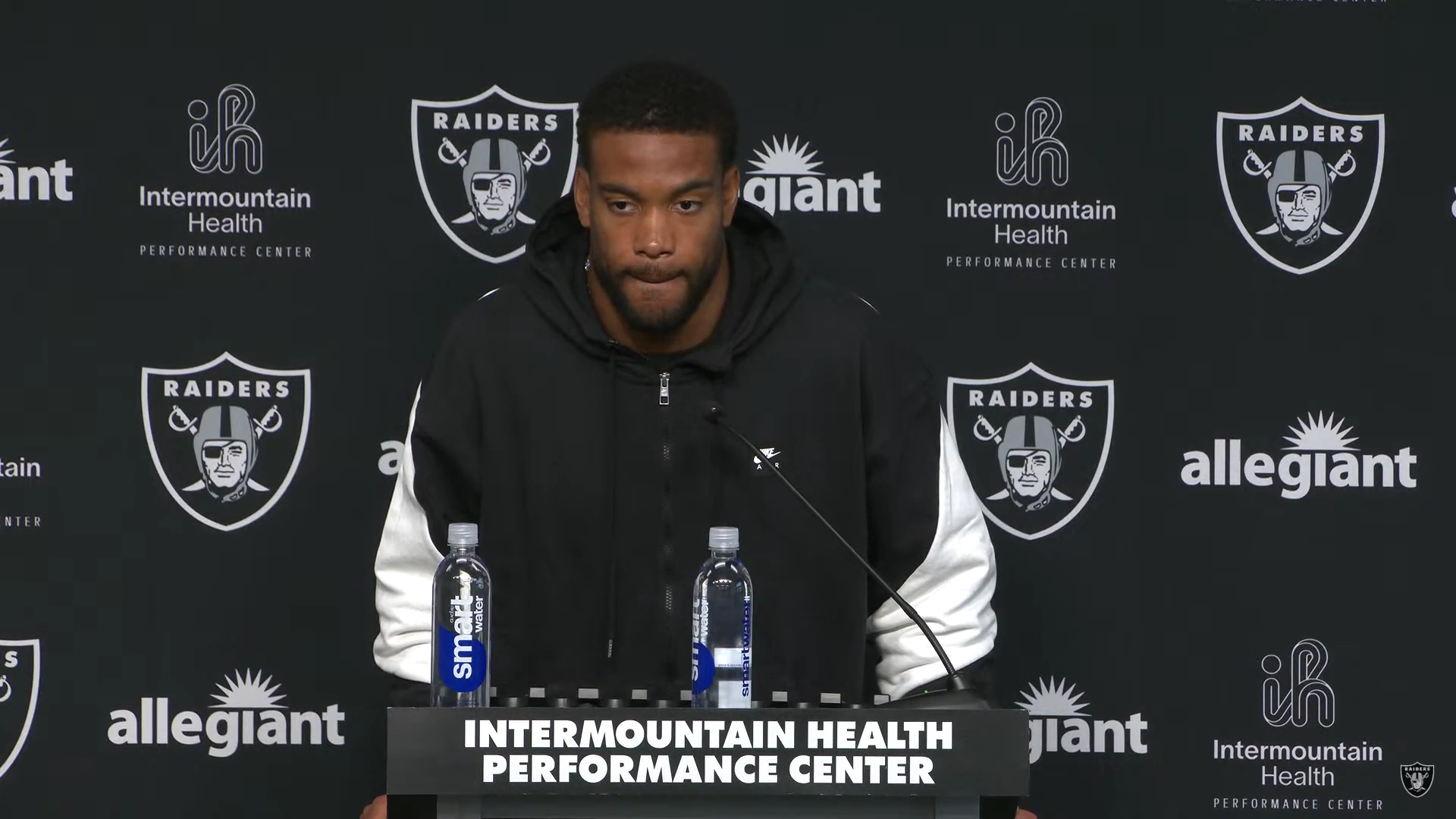Las Vegas Raiders safety Jeremy Chinn addresses the media.