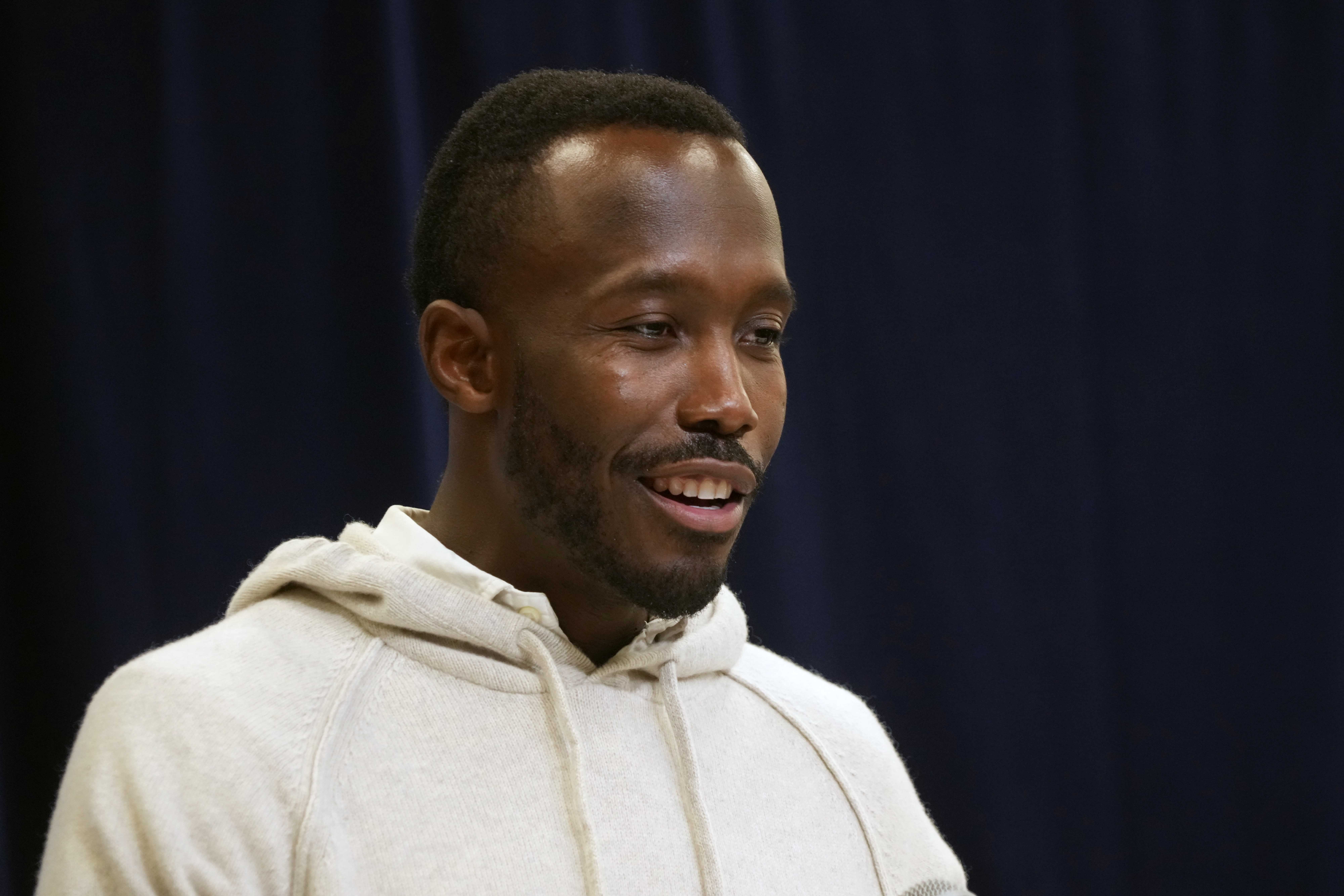 Feb 25, 2025; Indianapolis, IN, USA; Minnesota Vikings general manager Kwesi Adofo-Mensah speaks during the NFL Scouting Combine at the Indiana Convention Center.