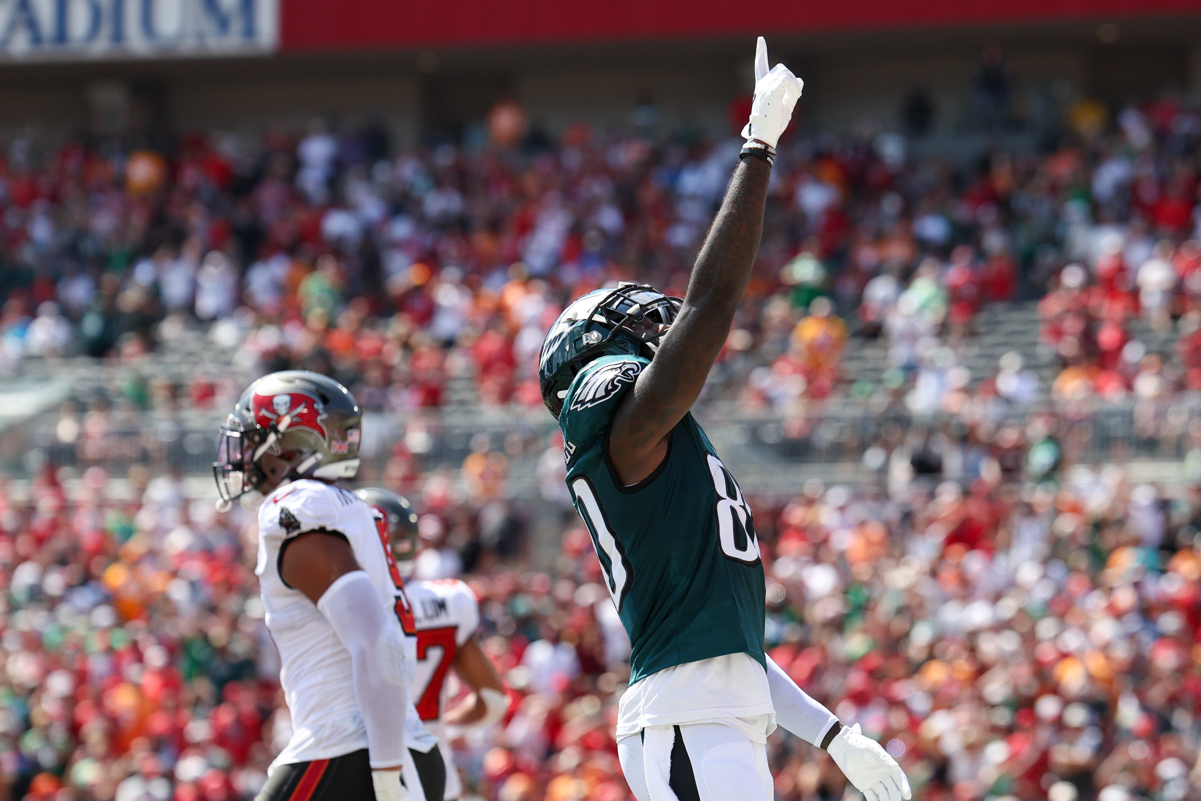 Philadelphia Eagles wide receiver Parris Campbell (80) celebrates after scoring a touchdown against the Tampa Bay Buccaneers in the second quarter at Raymond James Stadium.
